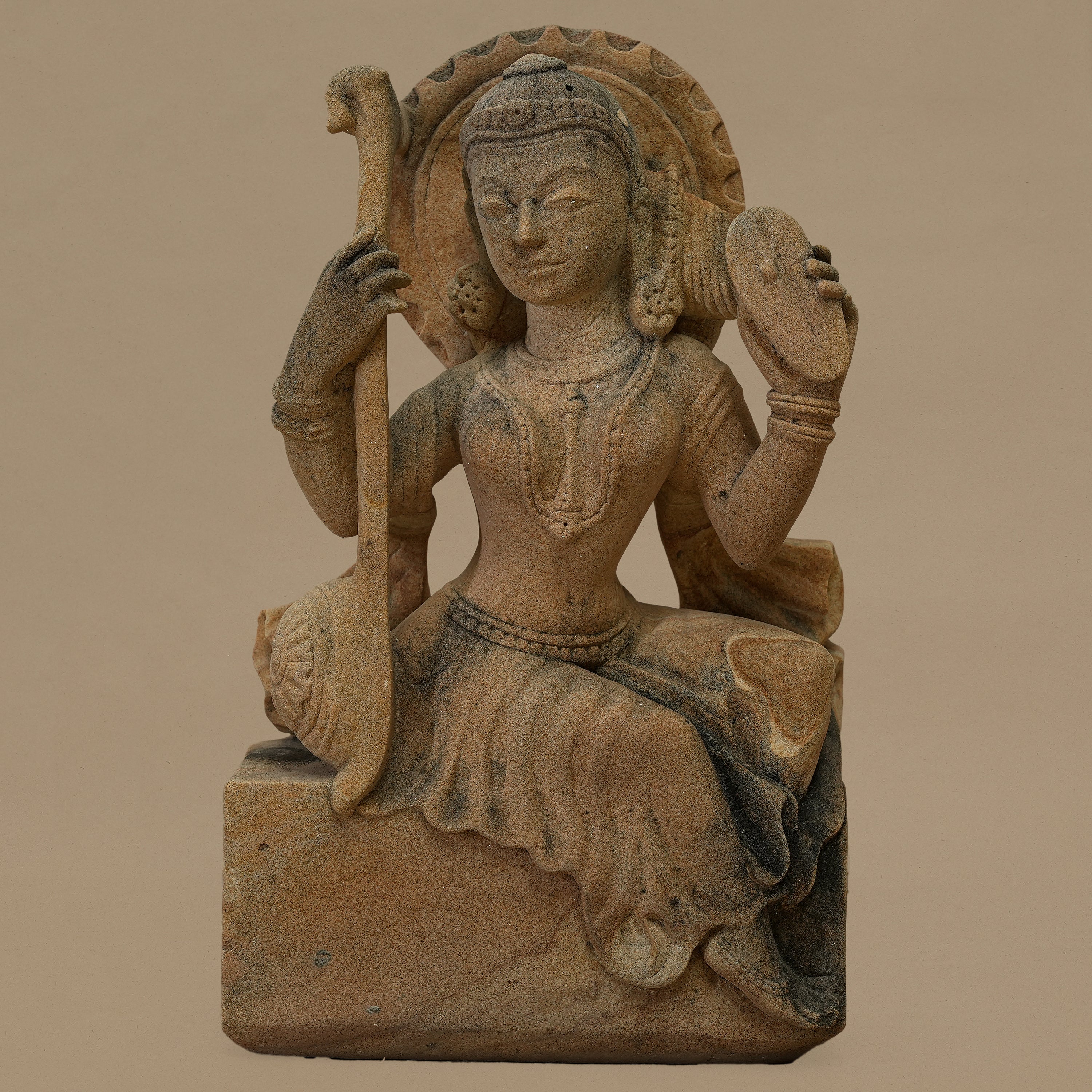14.5" Female Musician Statue | Handcrafted from Yellow Sandstone