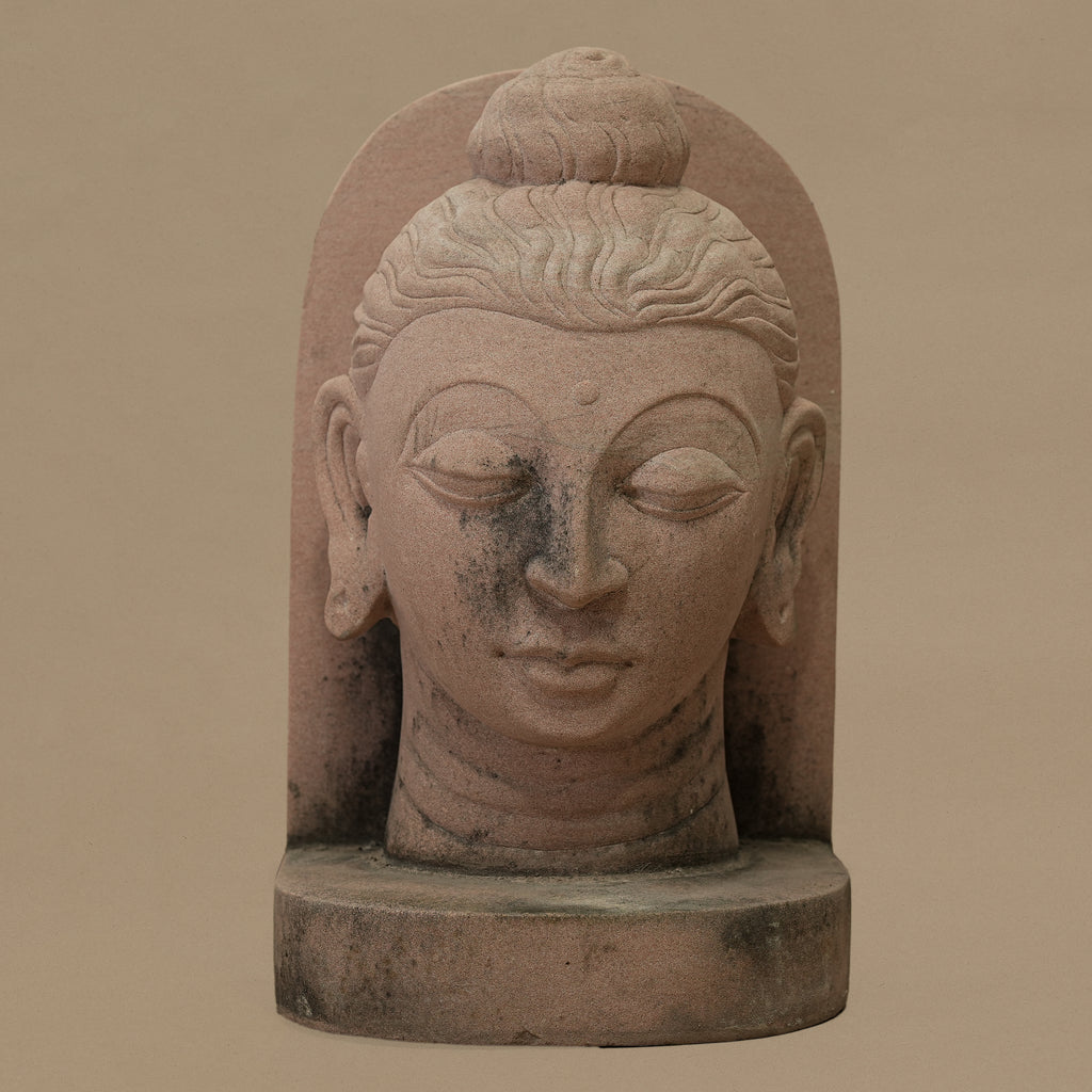 10" Lord Buddha Head | Handcrafted from Pink Sandstone