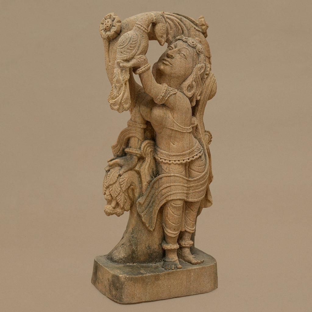 14.5" Female with Bird Statue | Handcrafted from Yellow Sandstone