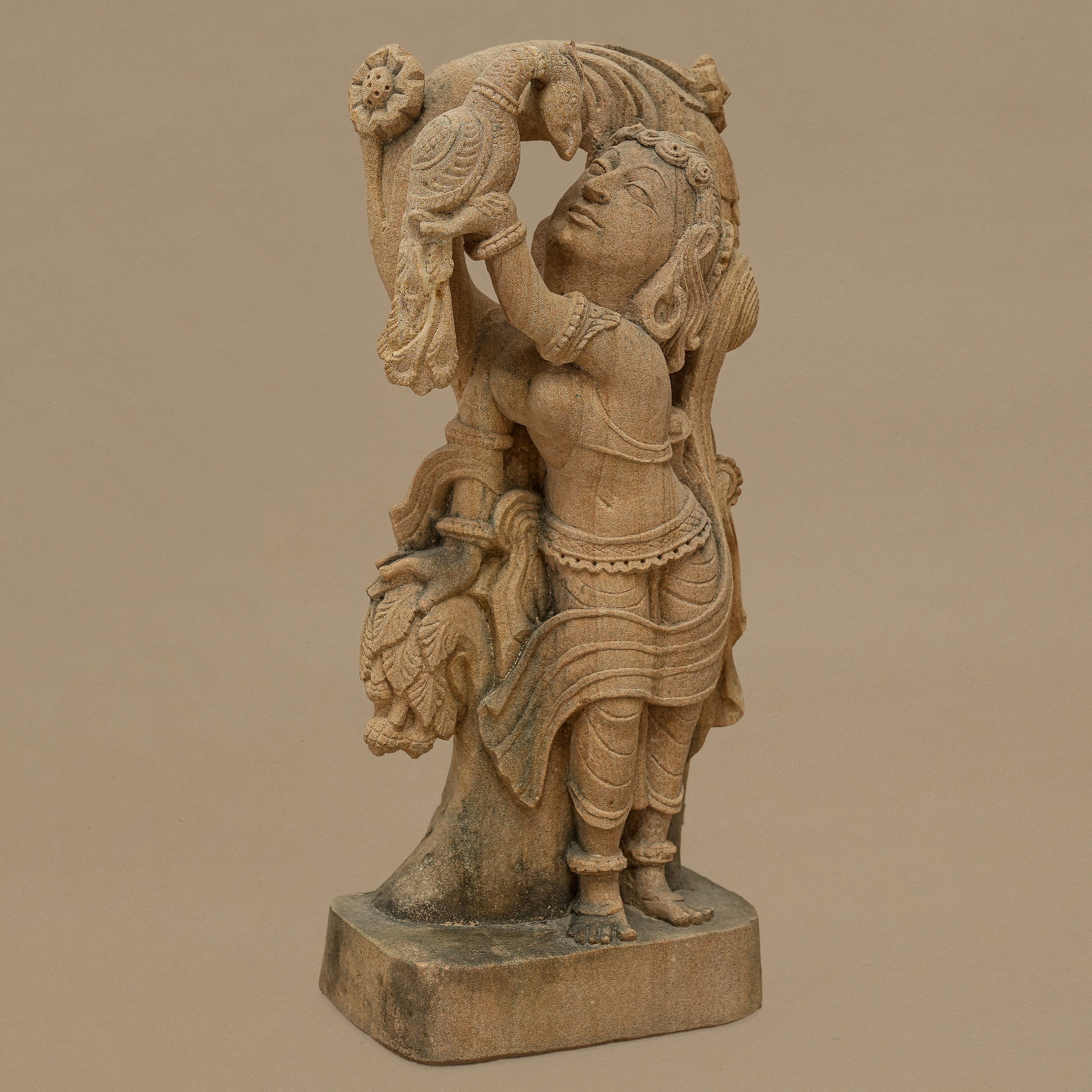 14.5" Female with Bird Statue | Handcrafted from Yellow Sandstone