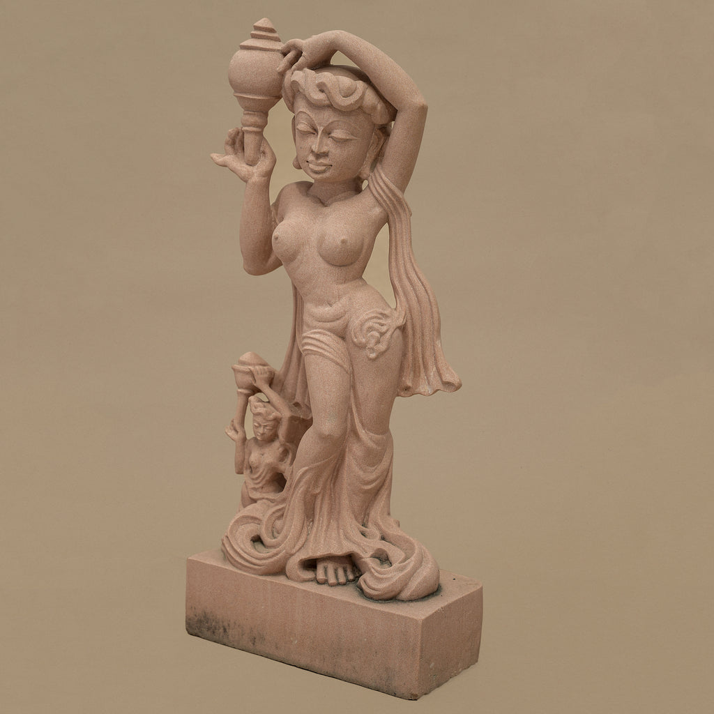 22" Graceful Female Statue | Handcrafted from Pink Sandstone