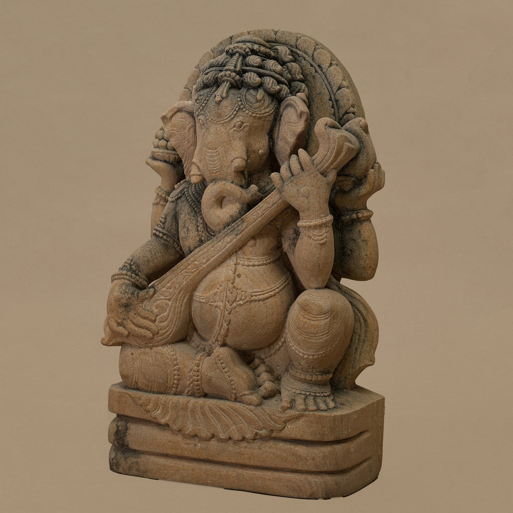 15" Veena-playing Lord Ganesha Statue | Handcrafted from Yellow Sandstone