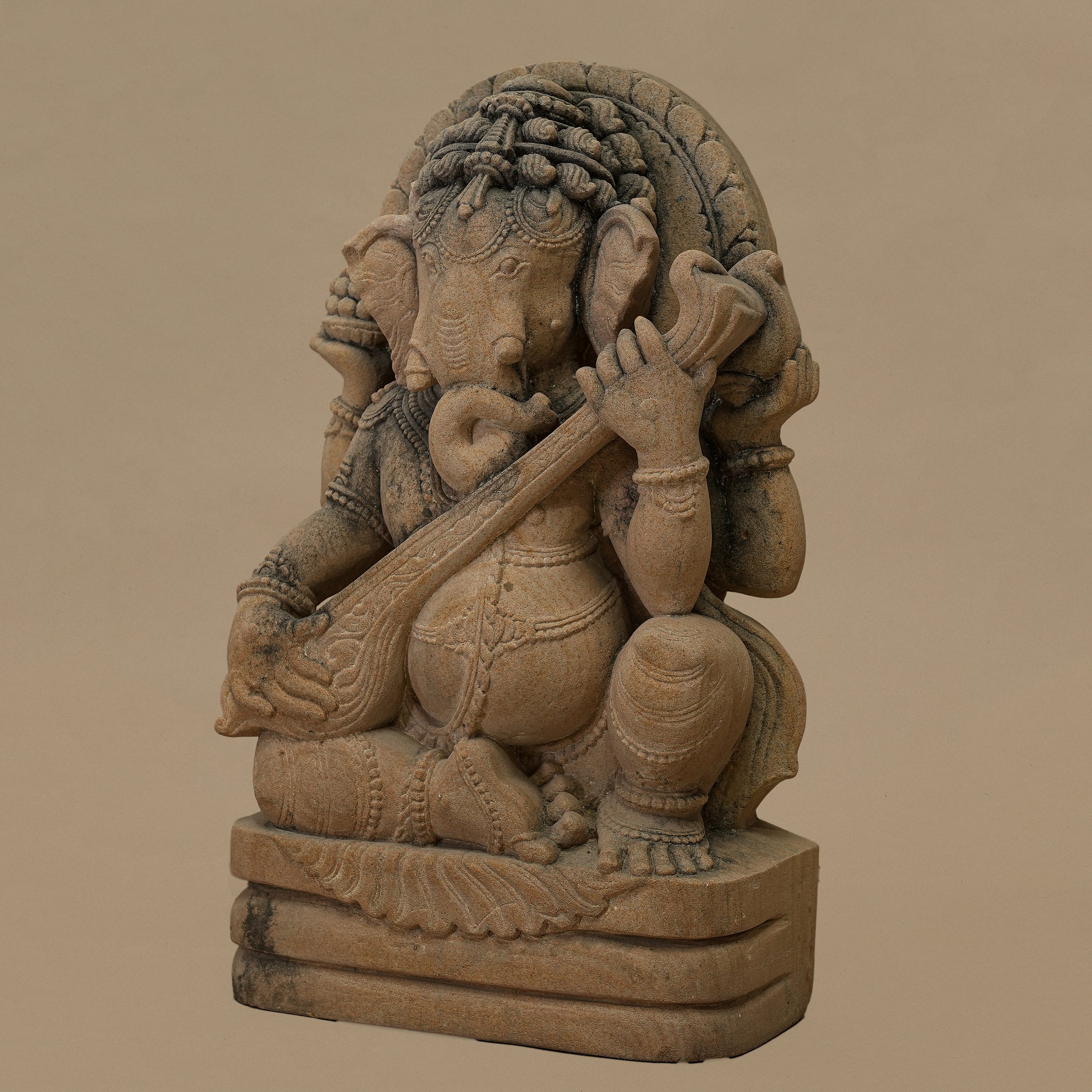15" Veena-playing Lord Ganesha Statue | Handcrafted from Yellow Sandstone