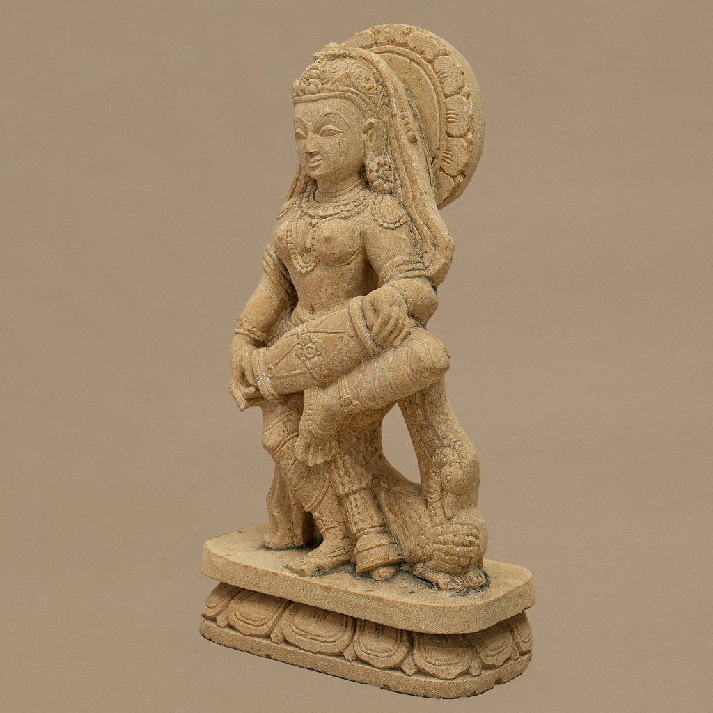 15" Dholak-playing Female Musician Statue | Handcrafted from Yellow Sandstone
