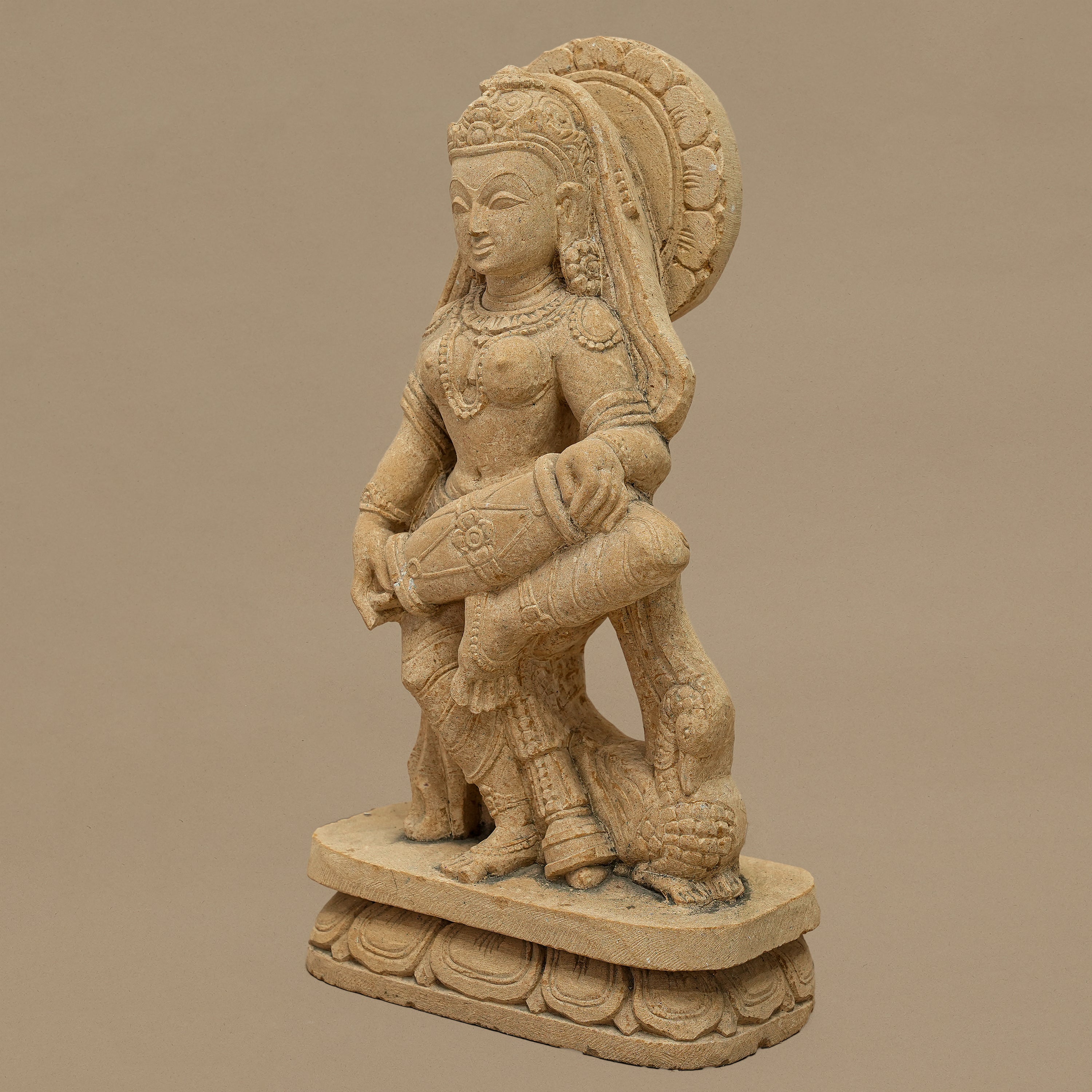 15" Dholak-playing Female Musician Statue | Handcrafted from Yellow Sandstone