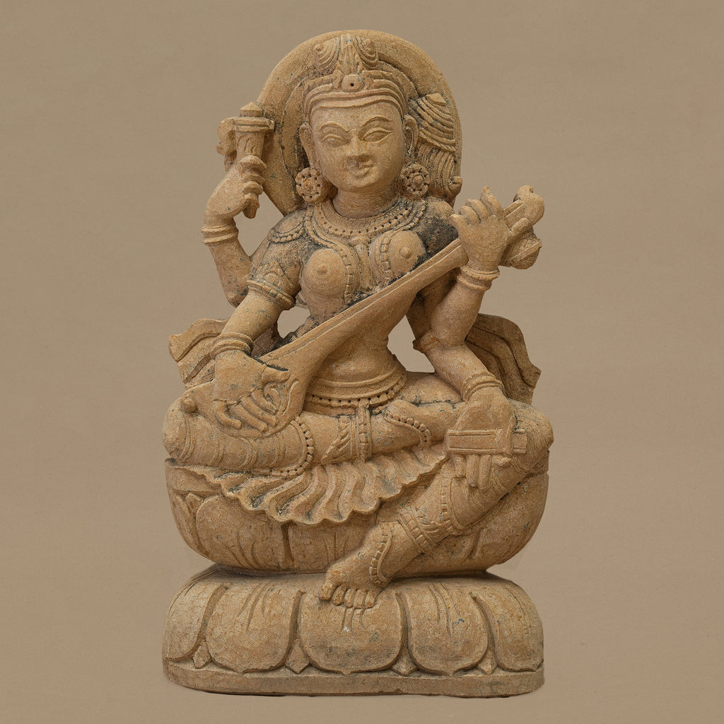 12" Maa Saraswati Statue | Handcrafted from Yellow Sandstone