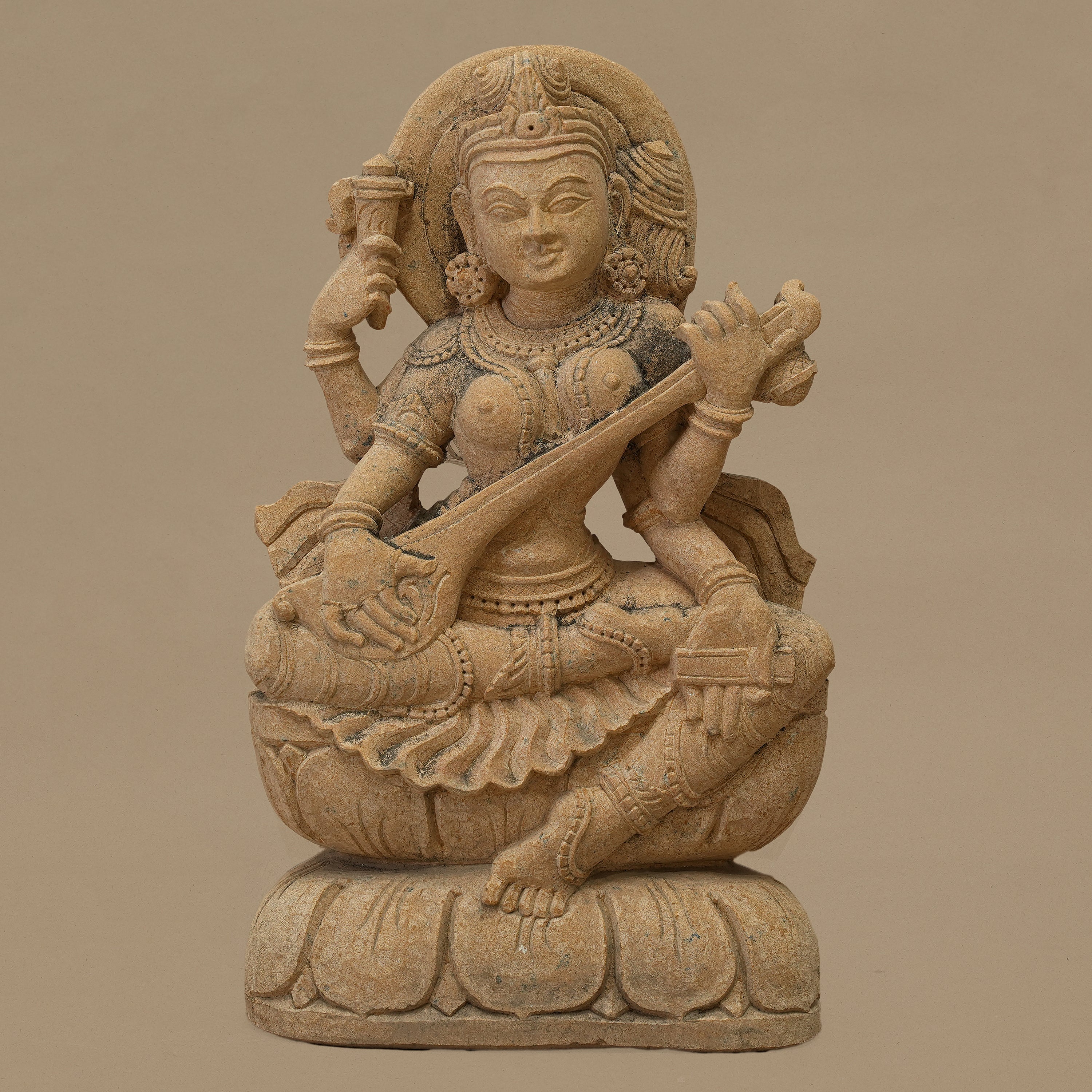 12" Maa Saraswati Statue | Handcrafted from Yellow Sandstone