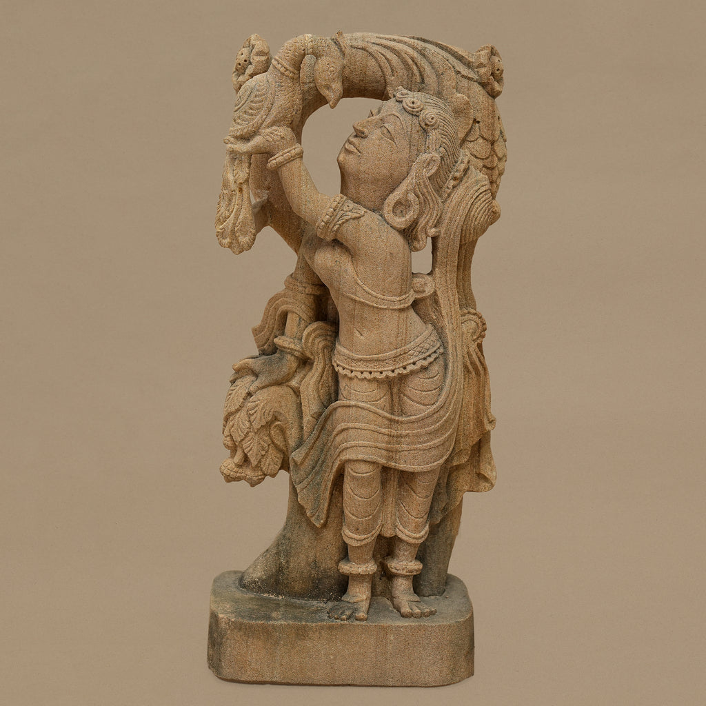 14.5" Female with Bird Statue | Handcrafted from Yellow Sandstone