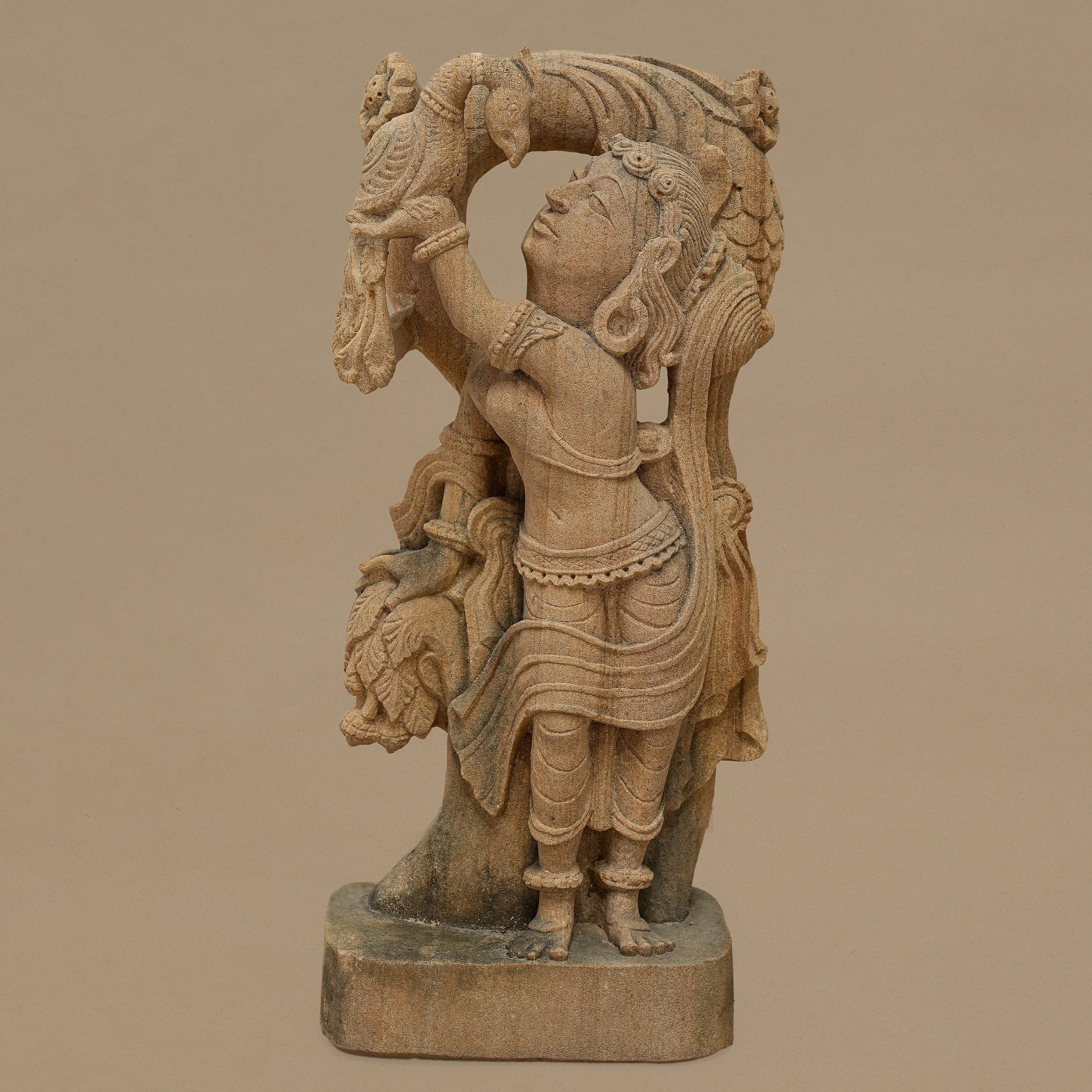 14.5" Female with Bird Statue | Handcrafted from Yellow Sandstone