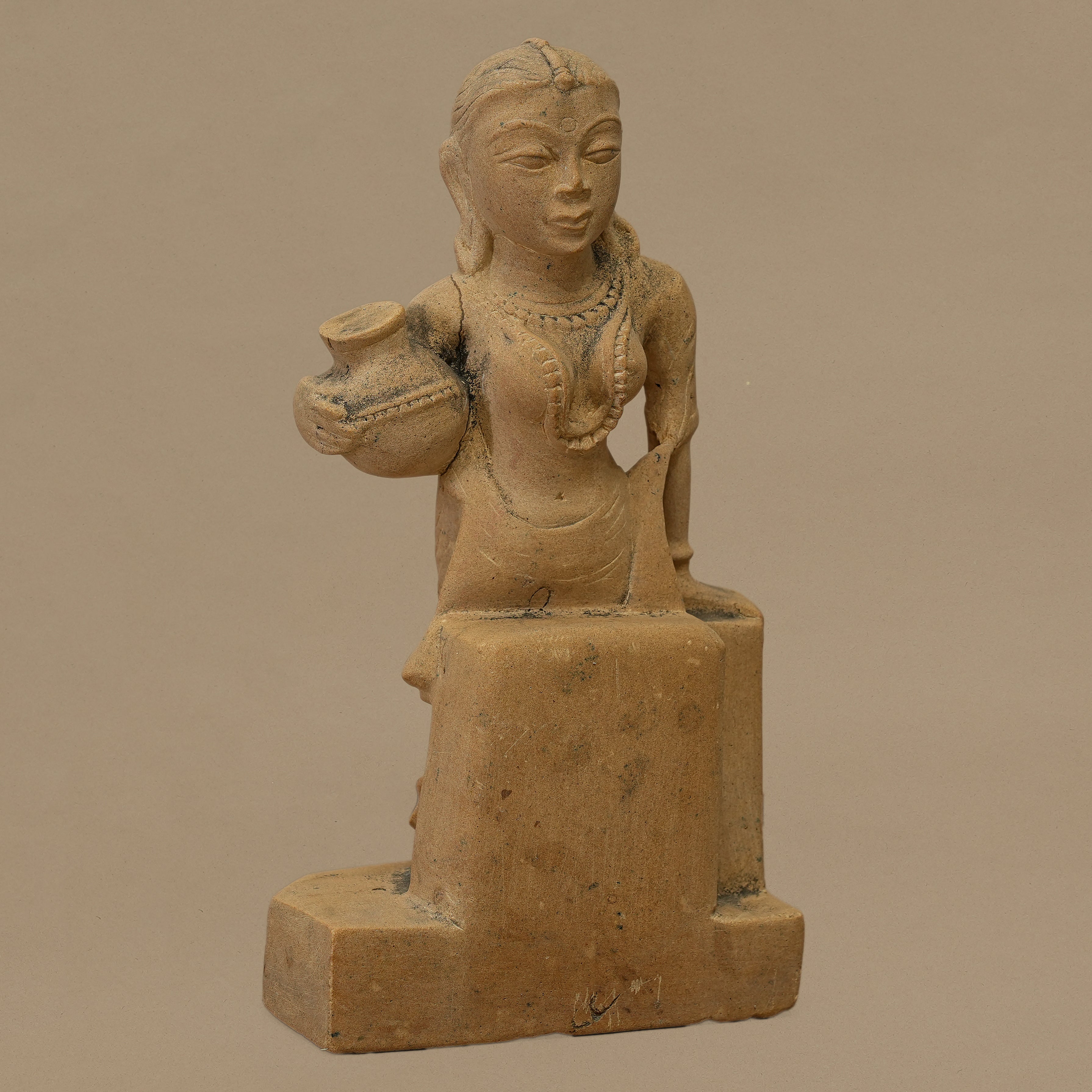 10.5" Pot-Holding Female Statue | Handcrafted from Yellow Sandstone