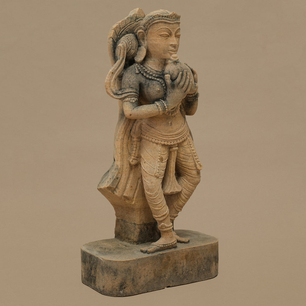 15" Devoted Female Statue | Handcrafted from Yellow Sandstone
