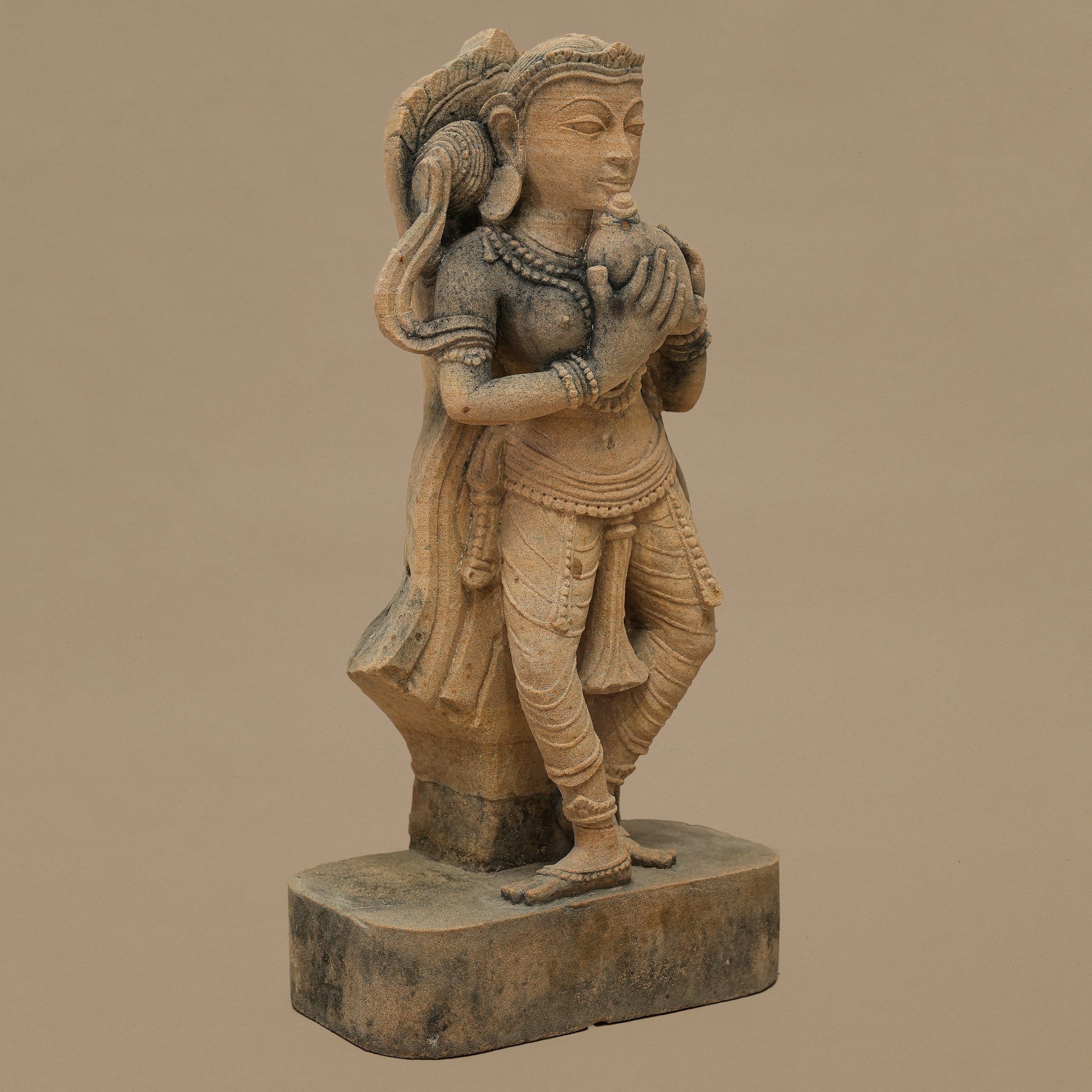 15" Devoted Female Statue | Handcrafted from Yellow Sandstone
