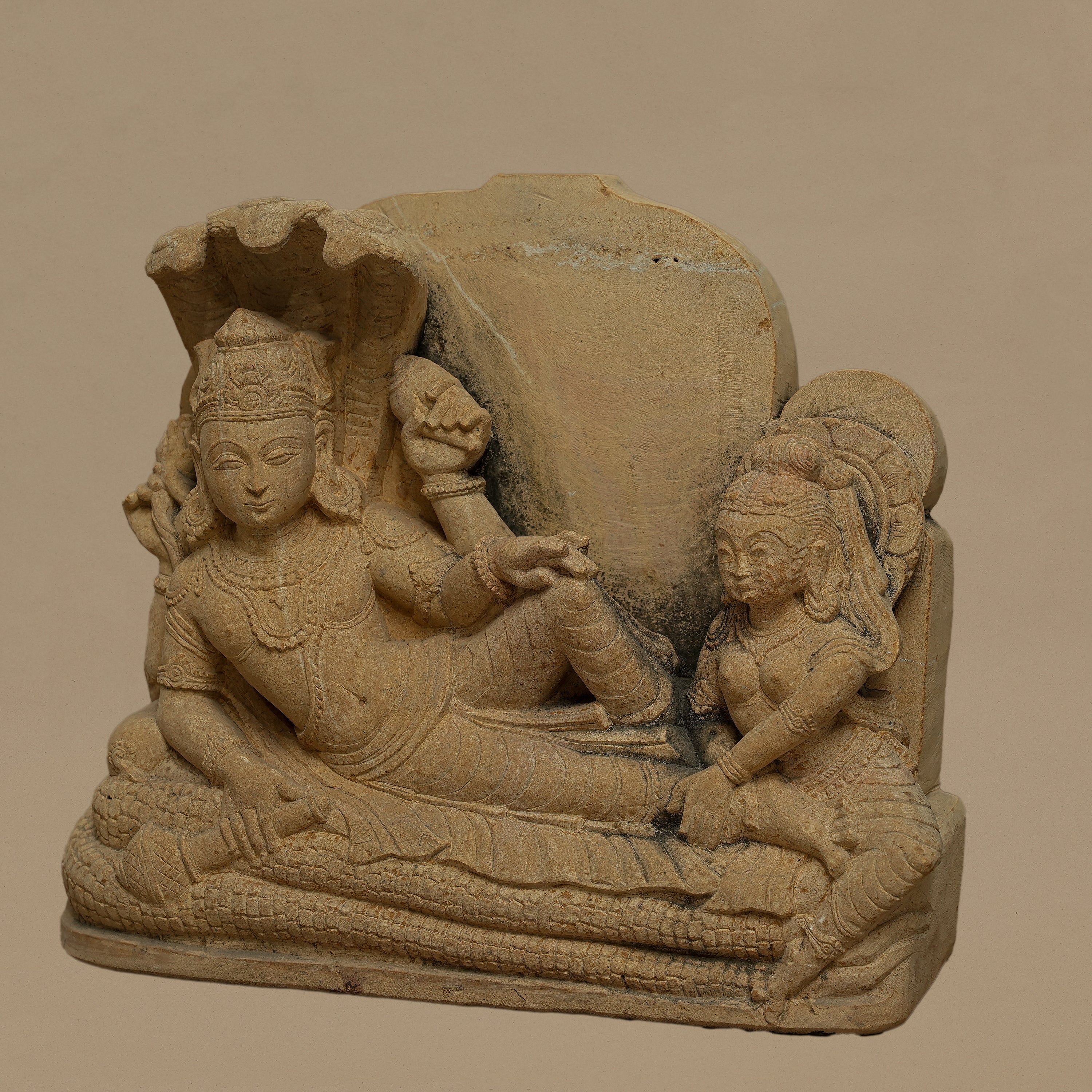 15.5" Lord Vishnu-Maa Laxmi statue | Handcrafted from Yellow Sandstone