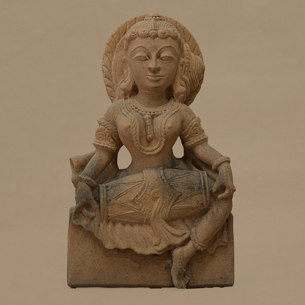 12" Dholak-Playing Female Statue | Handcrafted from Yellow Sandstone