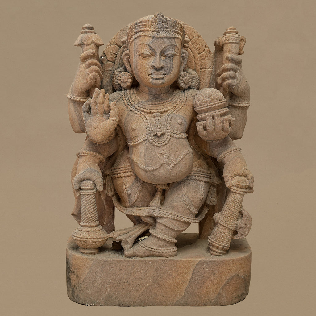 17.5" Six-Armed Male Deity Statue | Handcrafted from Pink Sandstone