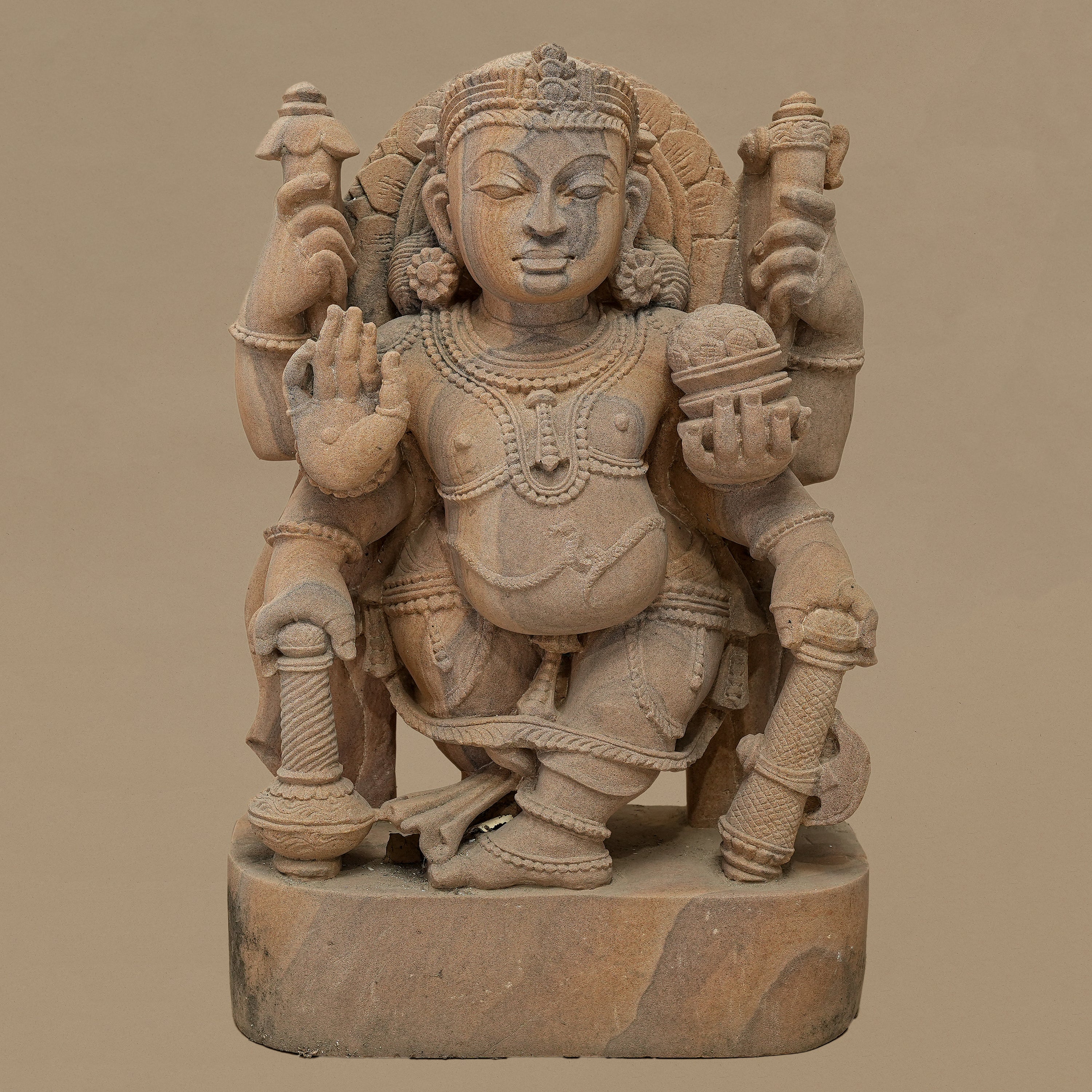 17.5" Six-Armed Male Deity Statue | Handcrafted from Pink Sandstone