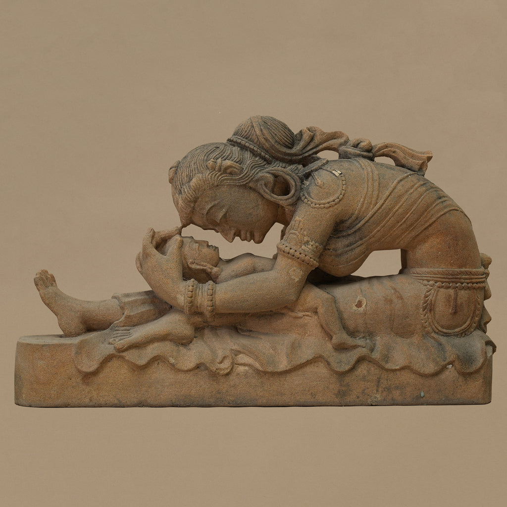 14" Mother-Child Statue | Handcrafted from Yellow Sandstone