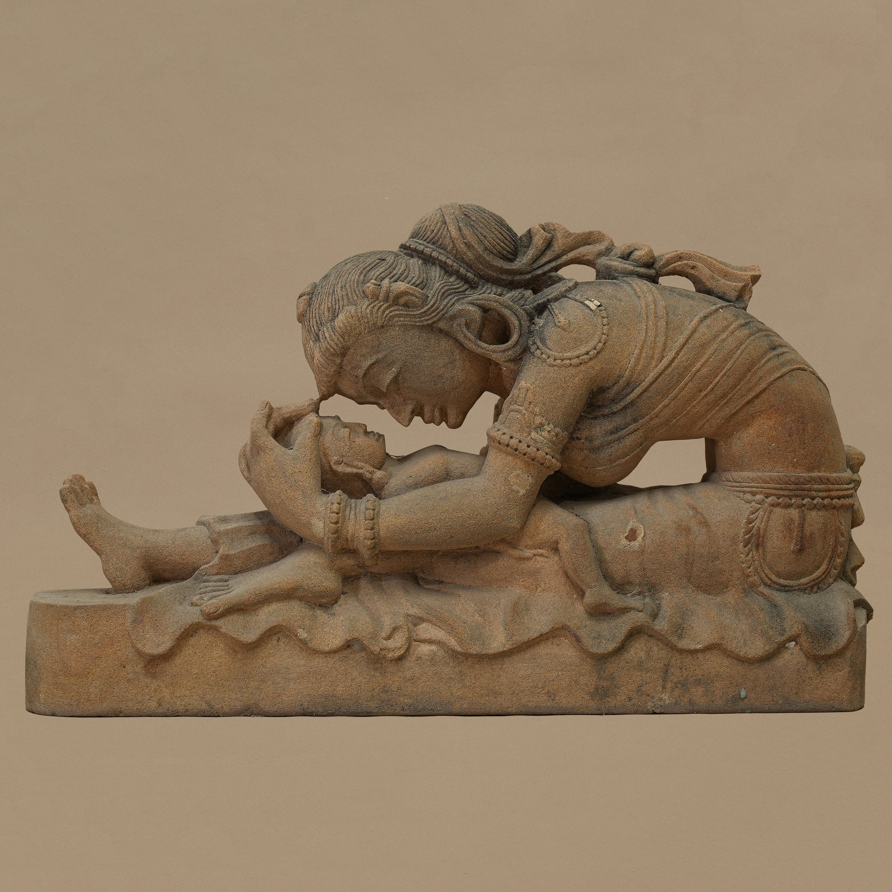 14" Mother-Child Statue | Handcrafted from Yellow Sandstone