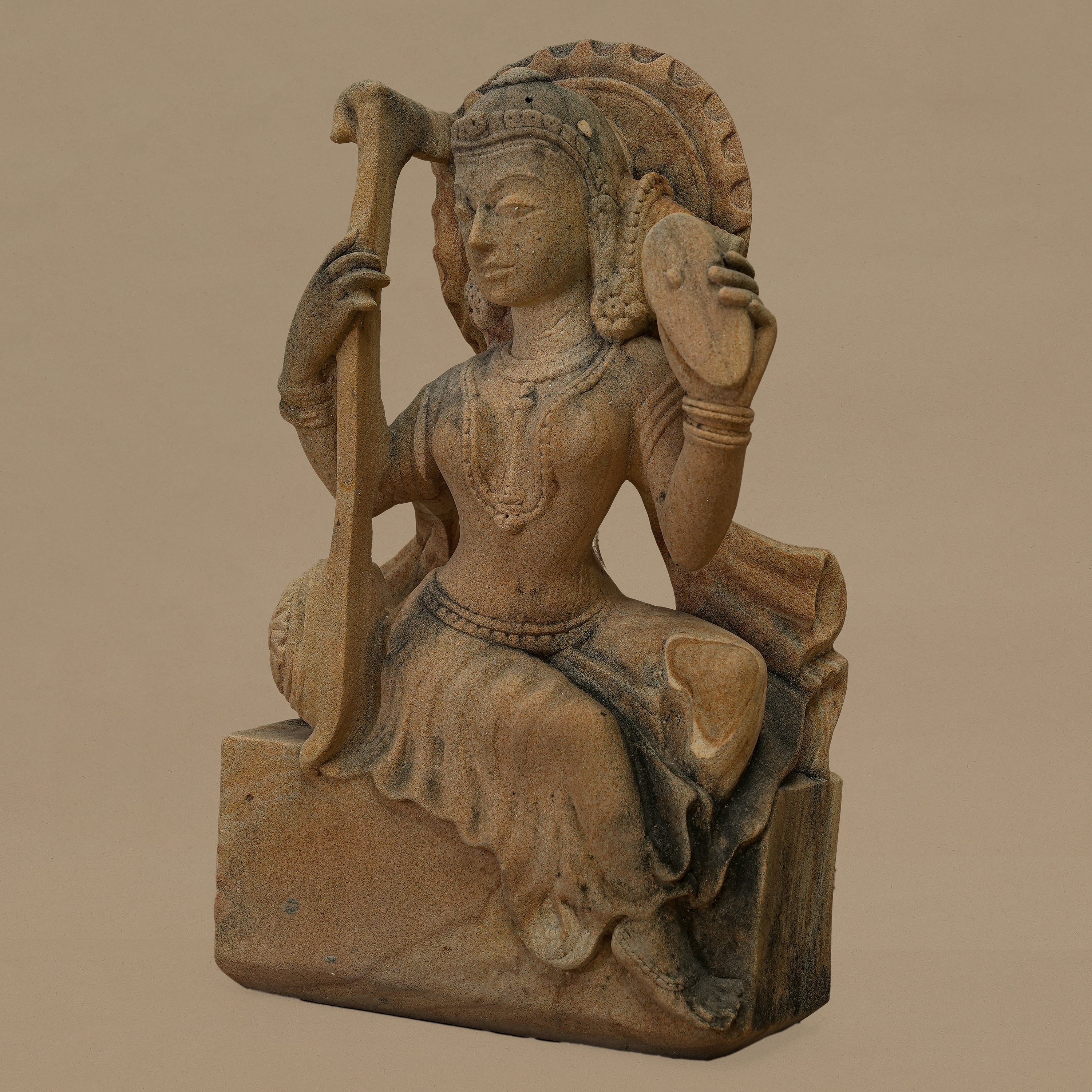 14.5" Female Musician Statue | Handcrafted from Yellow Sandstone