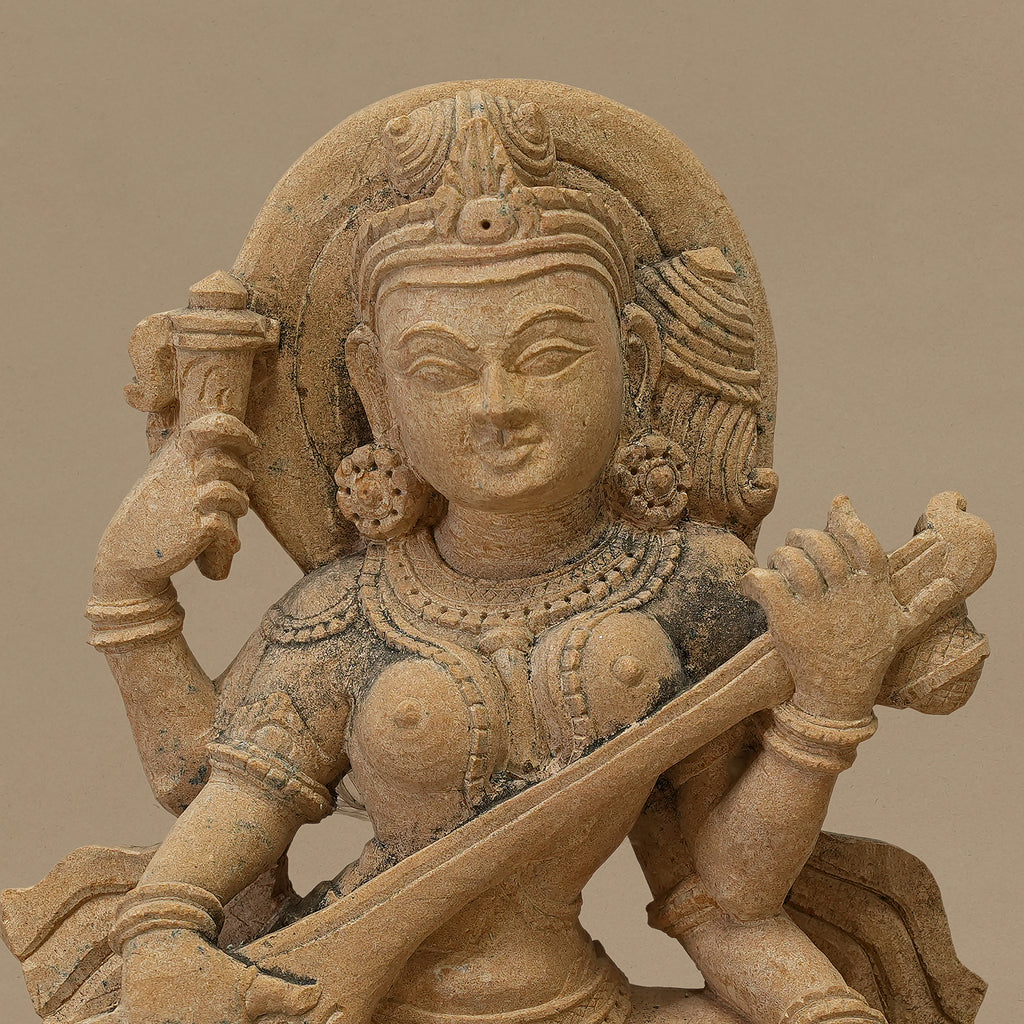 12" Maa Saraswati Statue | Handcrafted from Yellow Sandstone