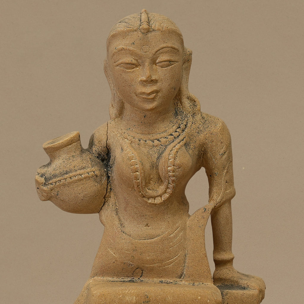 10.5" Pot-Holding Female Statue | Handcrafted from Yellow Sandstone