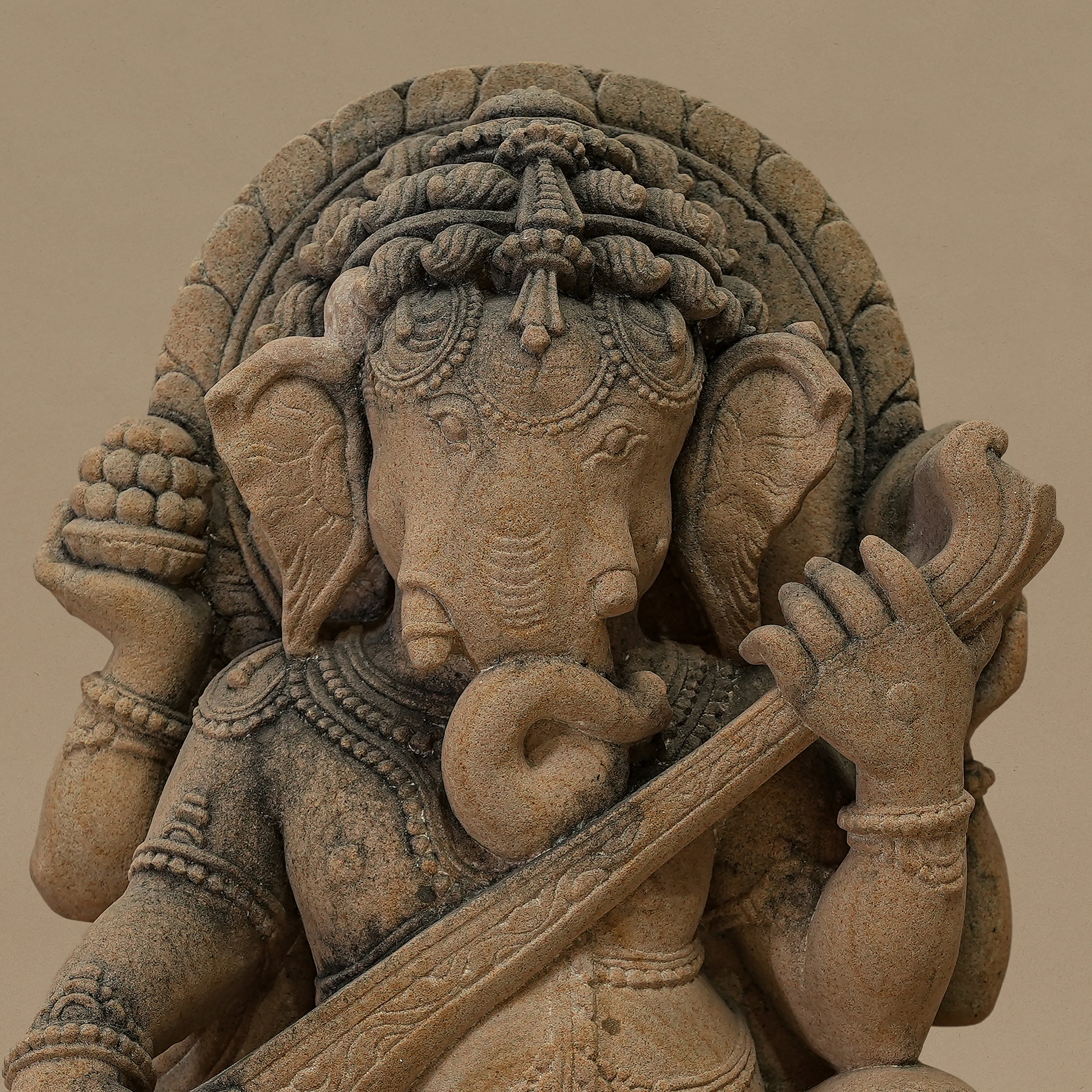 15" Veena-playing Lord Ganesha Statue | Handcrafted from Yellow Sandstone