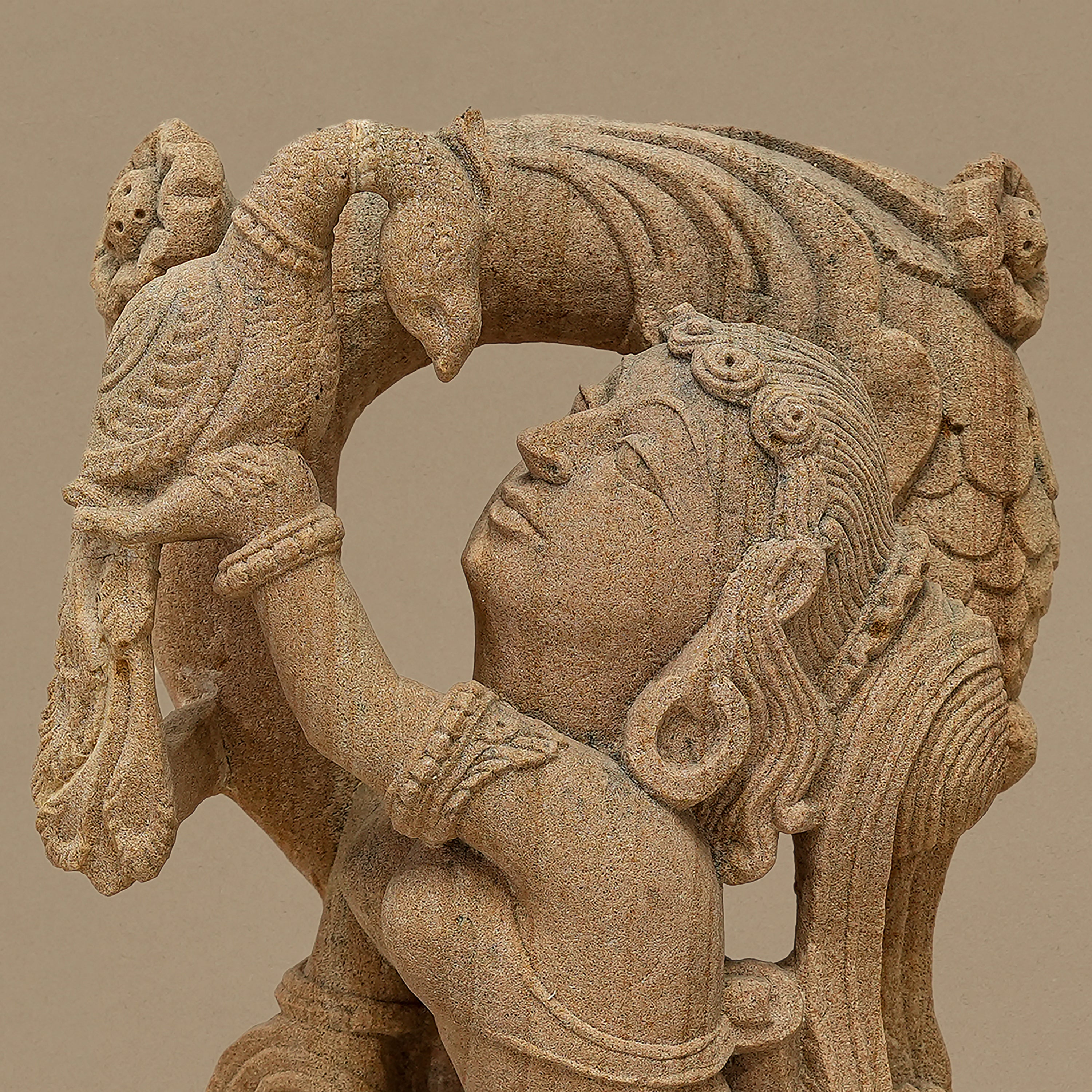 14.5" Female with Bird Statue | Handcrafted from Yellow Sandstone