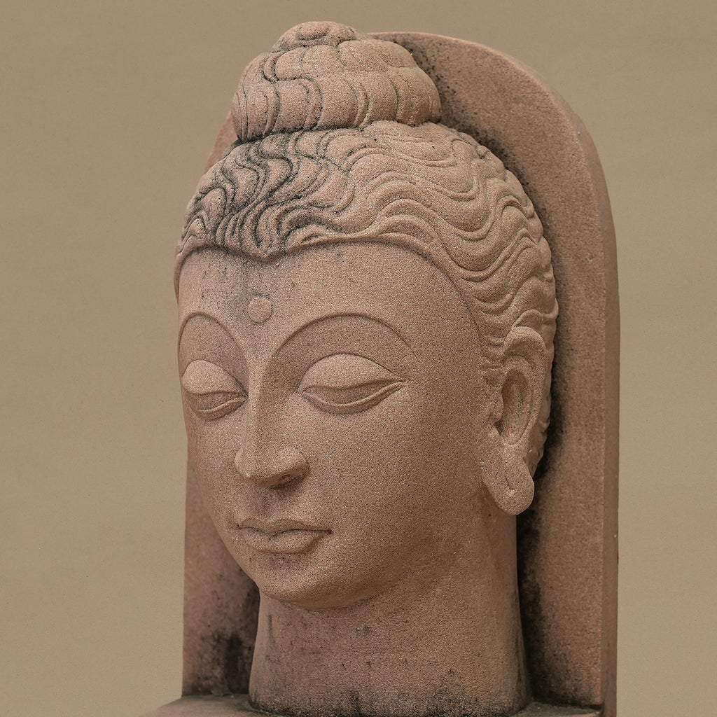 11" Lord Buddha Head | Handcrafted from Pink Sandstone