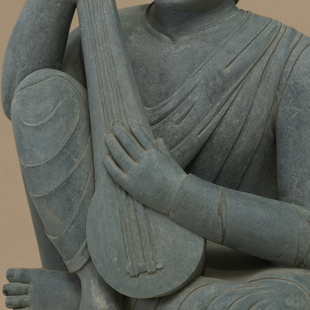 16" Tanpura-Playing Musician Statue | Handcrafted from Dungarpur Black Stone