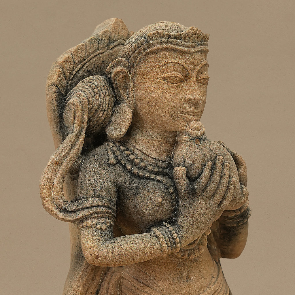 15" Devoted Female Statue | Handcrafted from Yellow Sandstone