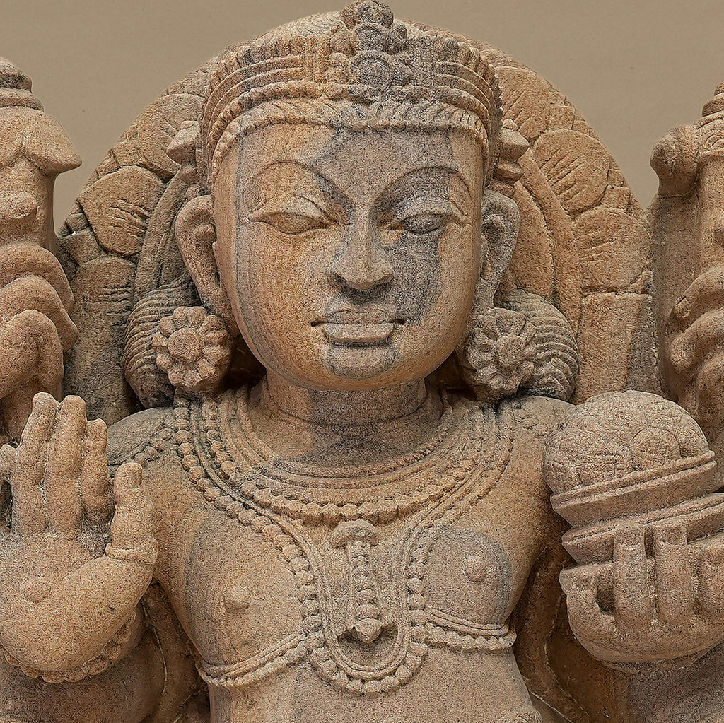 17.5" Six-Armed Male Deity Statue | Handcrafted from Pink Sandstone