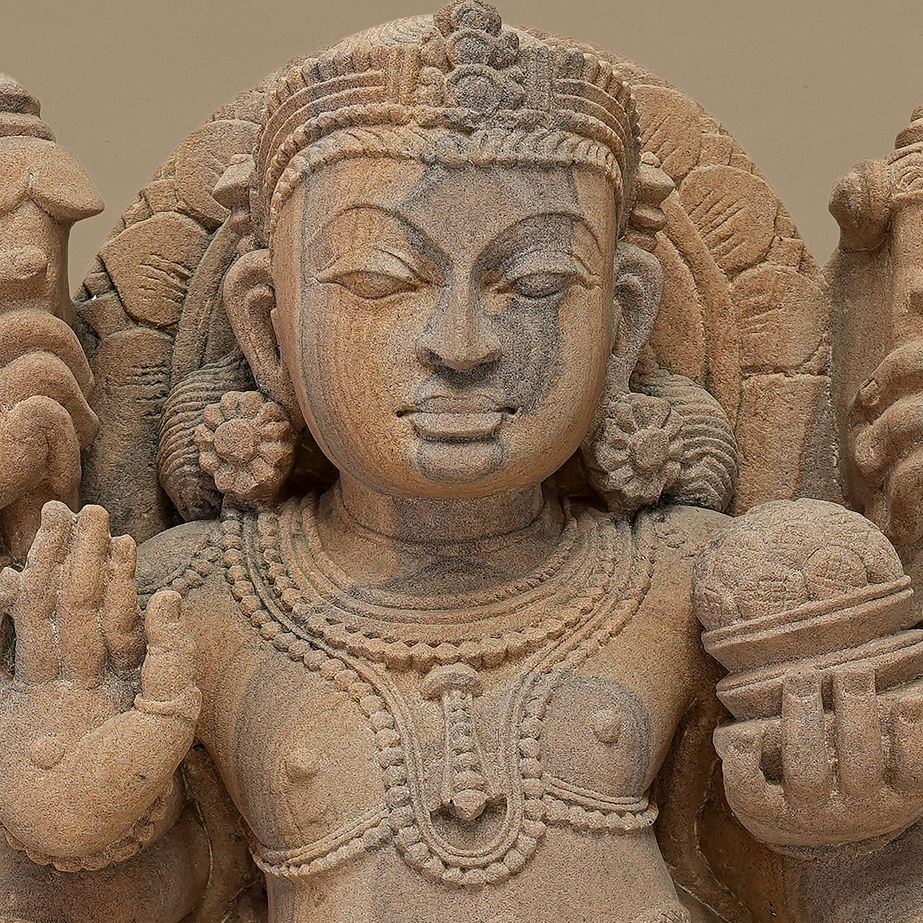 17.5" Six-Armed Male Deity Statue | Handcrafted from Pink Sandstone
