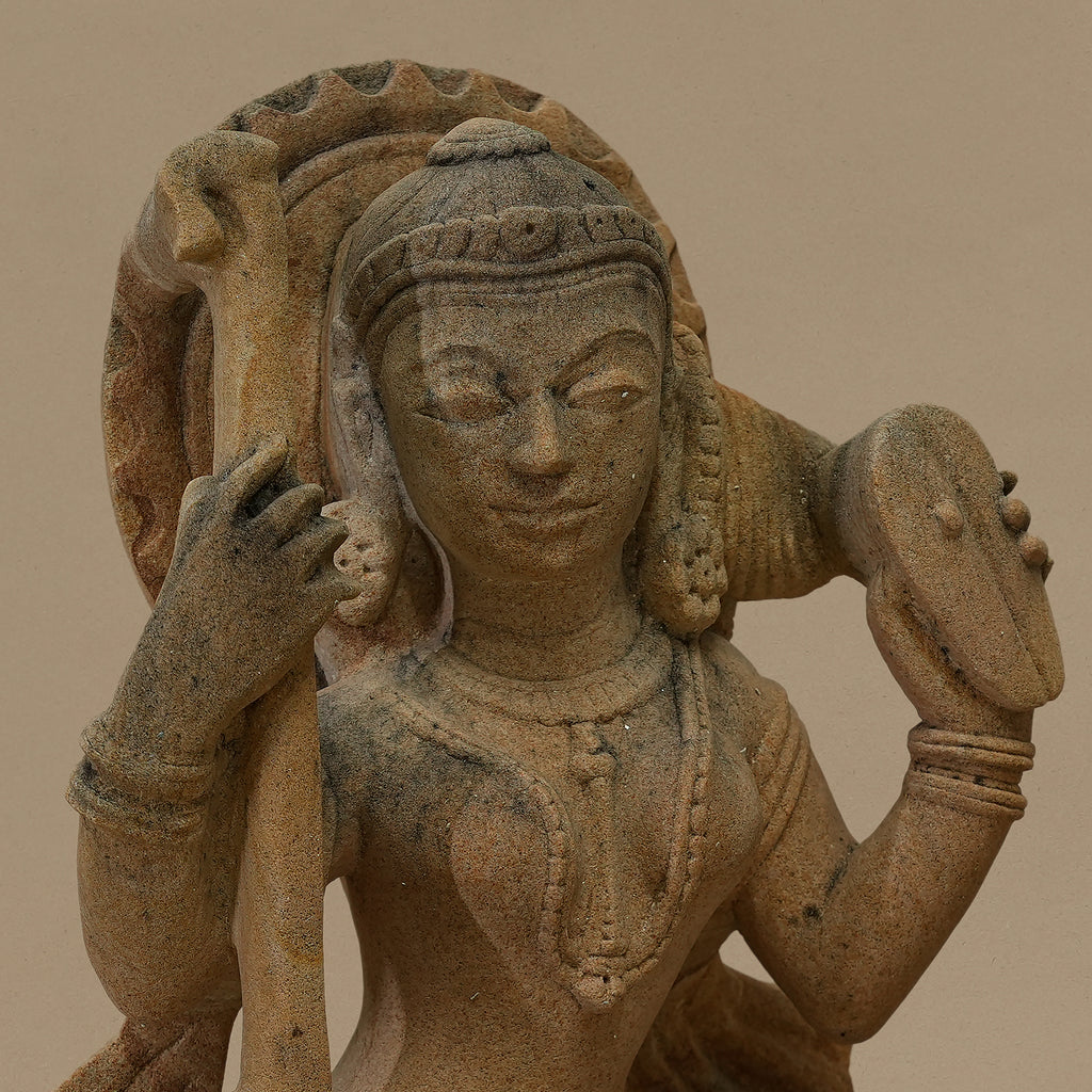 14.5" Female Musician Statue | Handcrafted from Yellow Sandstone