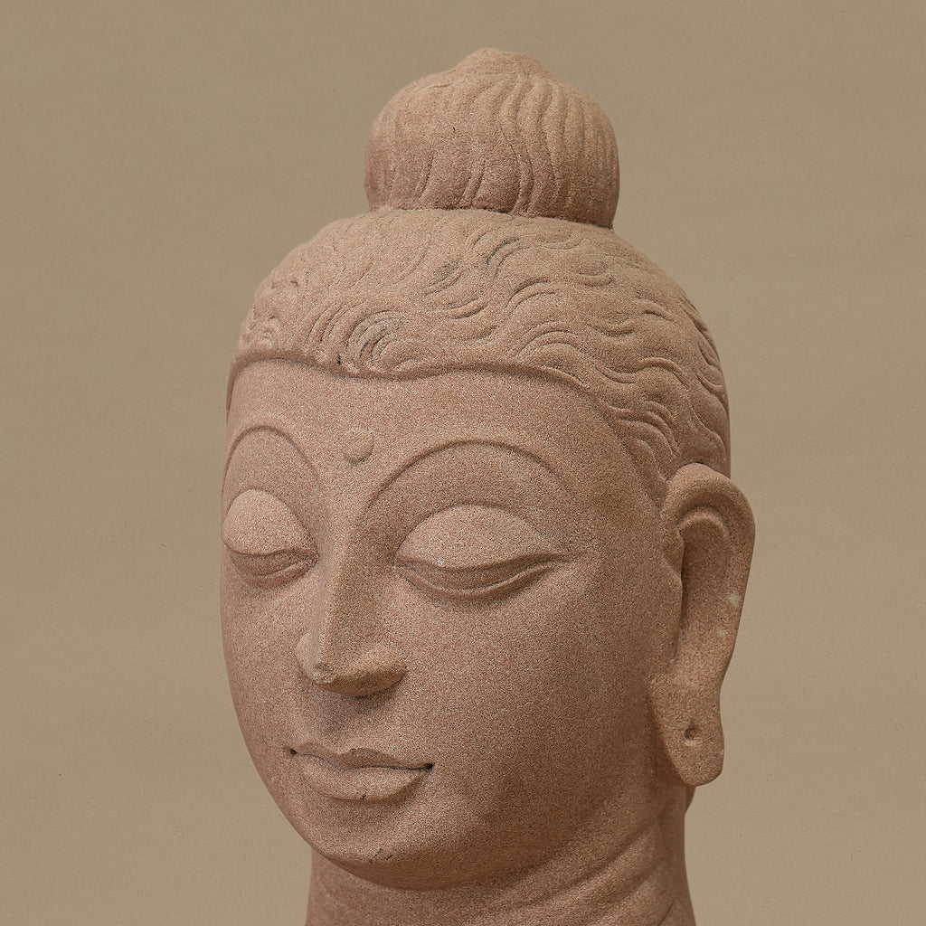 12" Lord Buddha Head | Handcrafted from Pink Sandstone