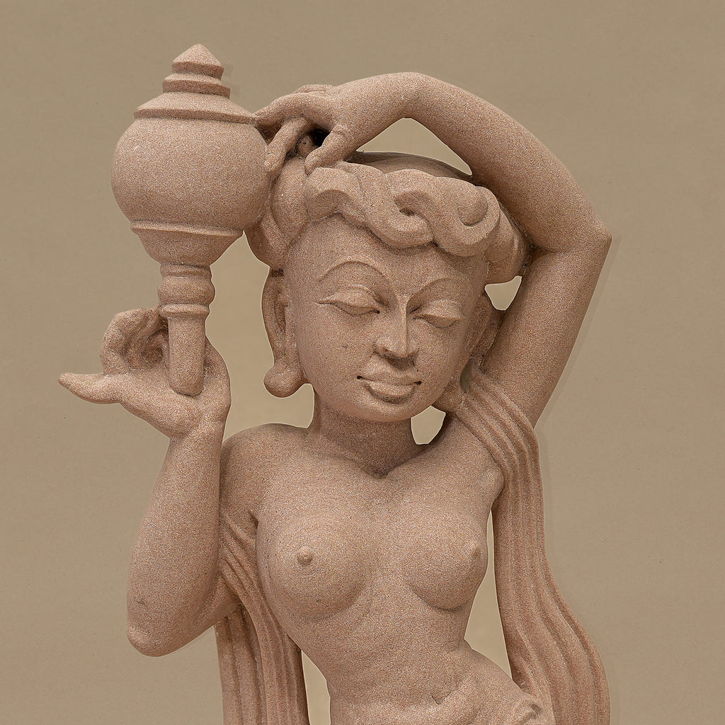22" Graceful Female Statue | Handcrafted from Pink Sandstone