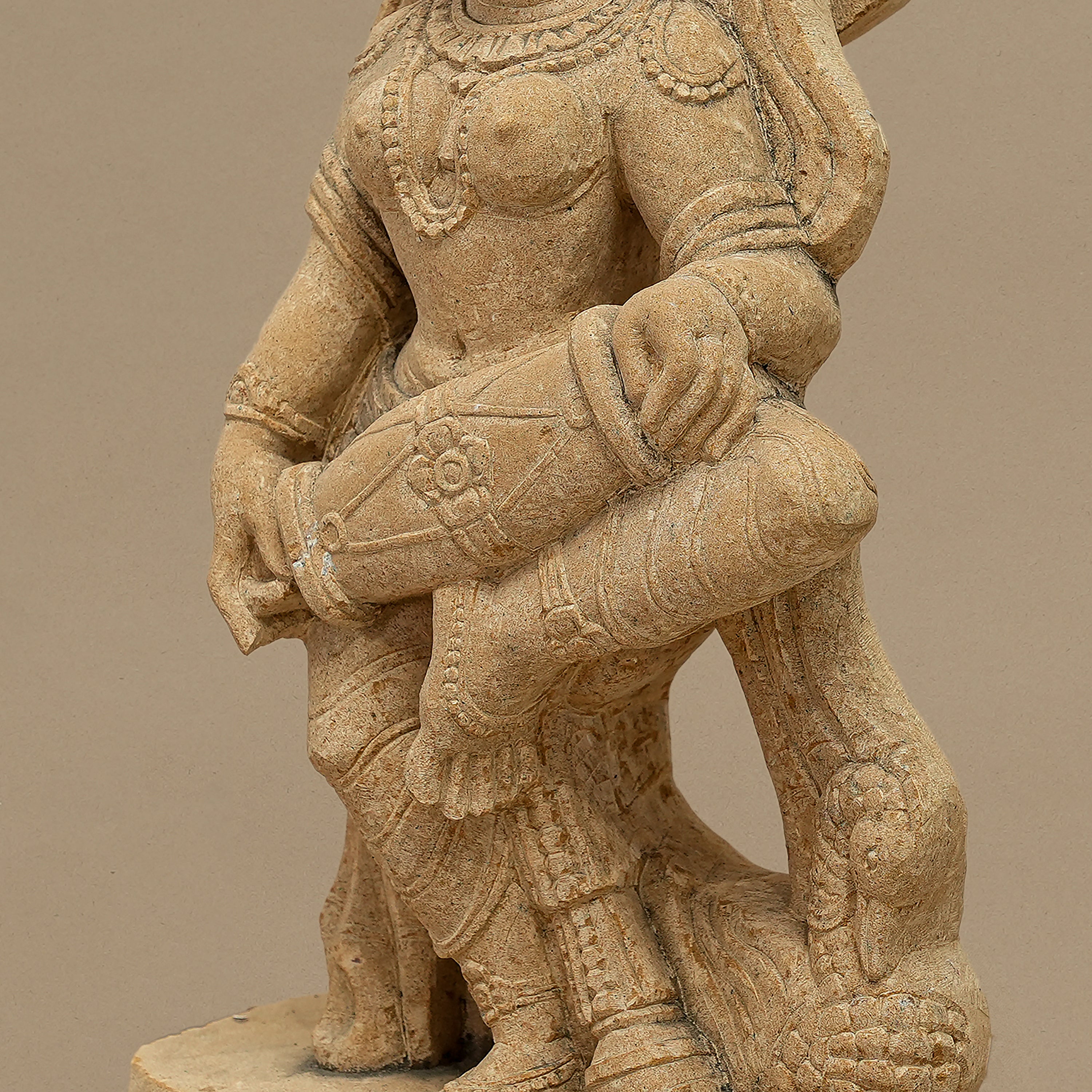 15" Dholak-playing Female Musician Statue | Handcrafted from Yellow Sandstone