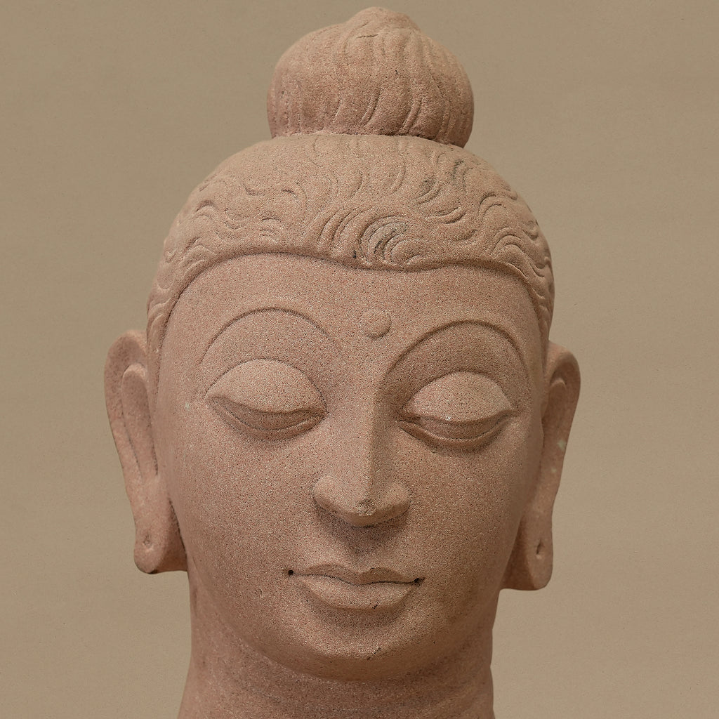 12" Lord Buddha Head | Handcrafted from Pink Sandstone