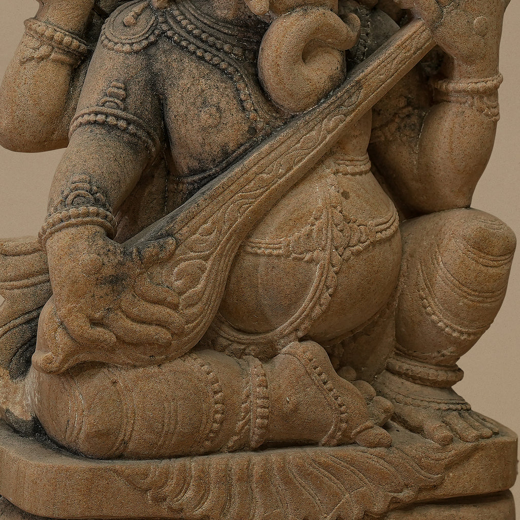 15" Veena-playing Lord Ganesha Statue | Handcrafted from Yellow Sandstone
