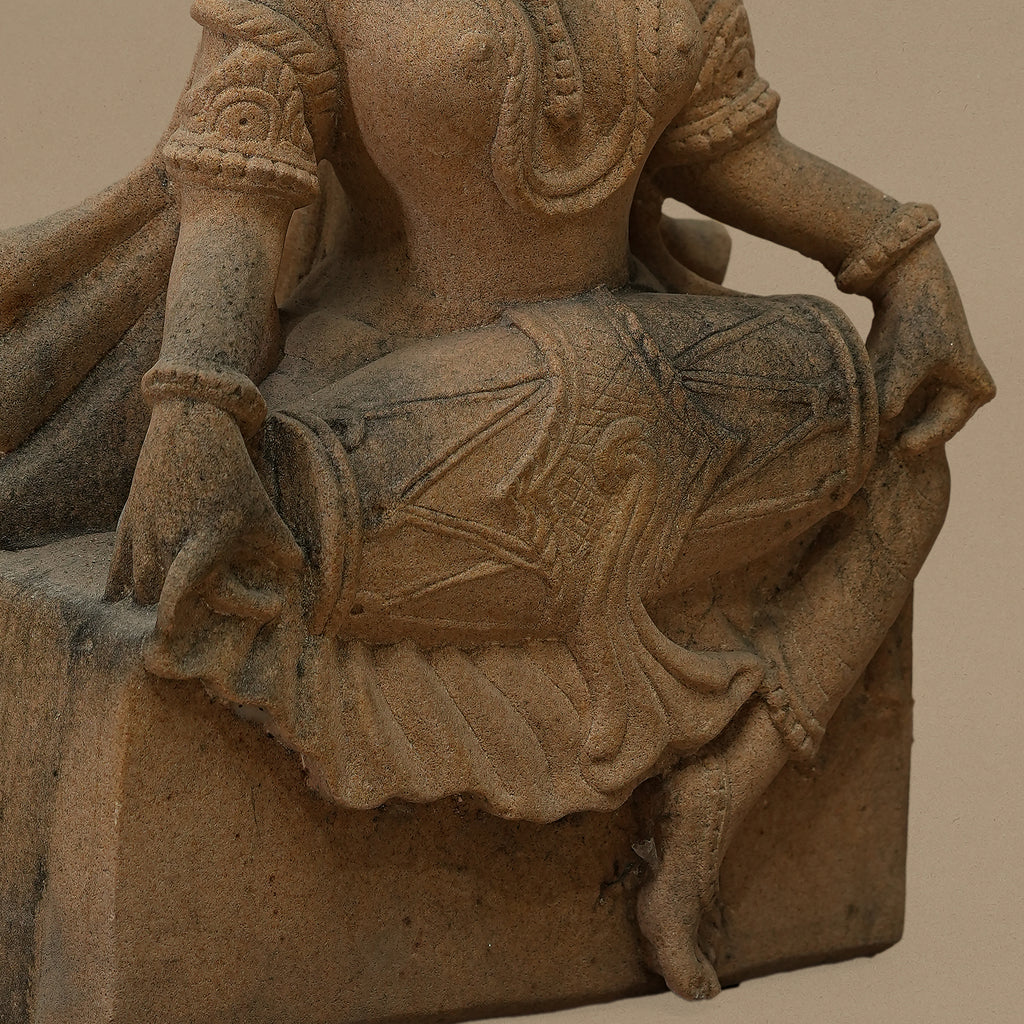 12" Dholak-Playing Female Statue | Handcrafted from Yellow Sandstone