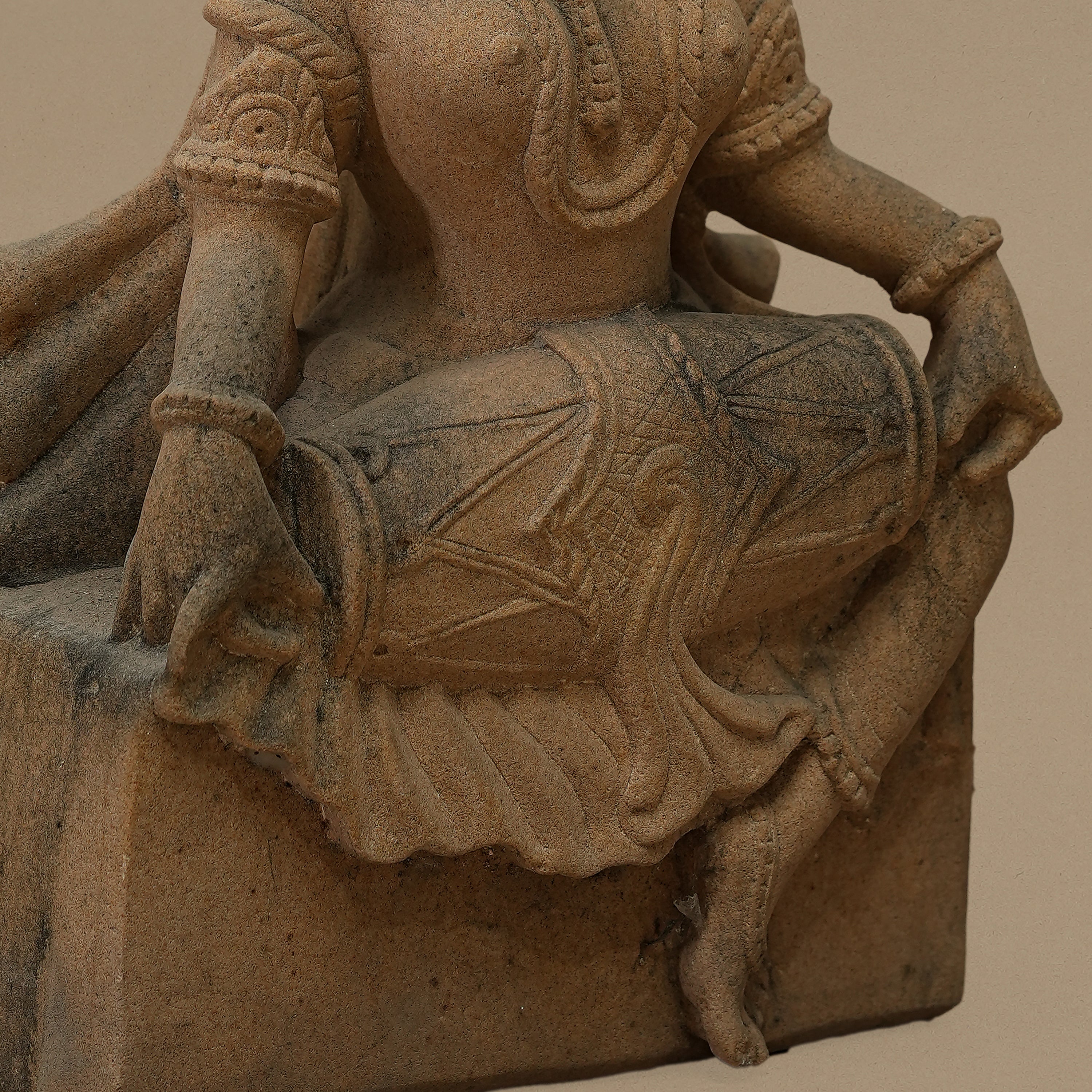 12" Dholak-Playing Female Statue | Handcrafted from Yellow Sandstone