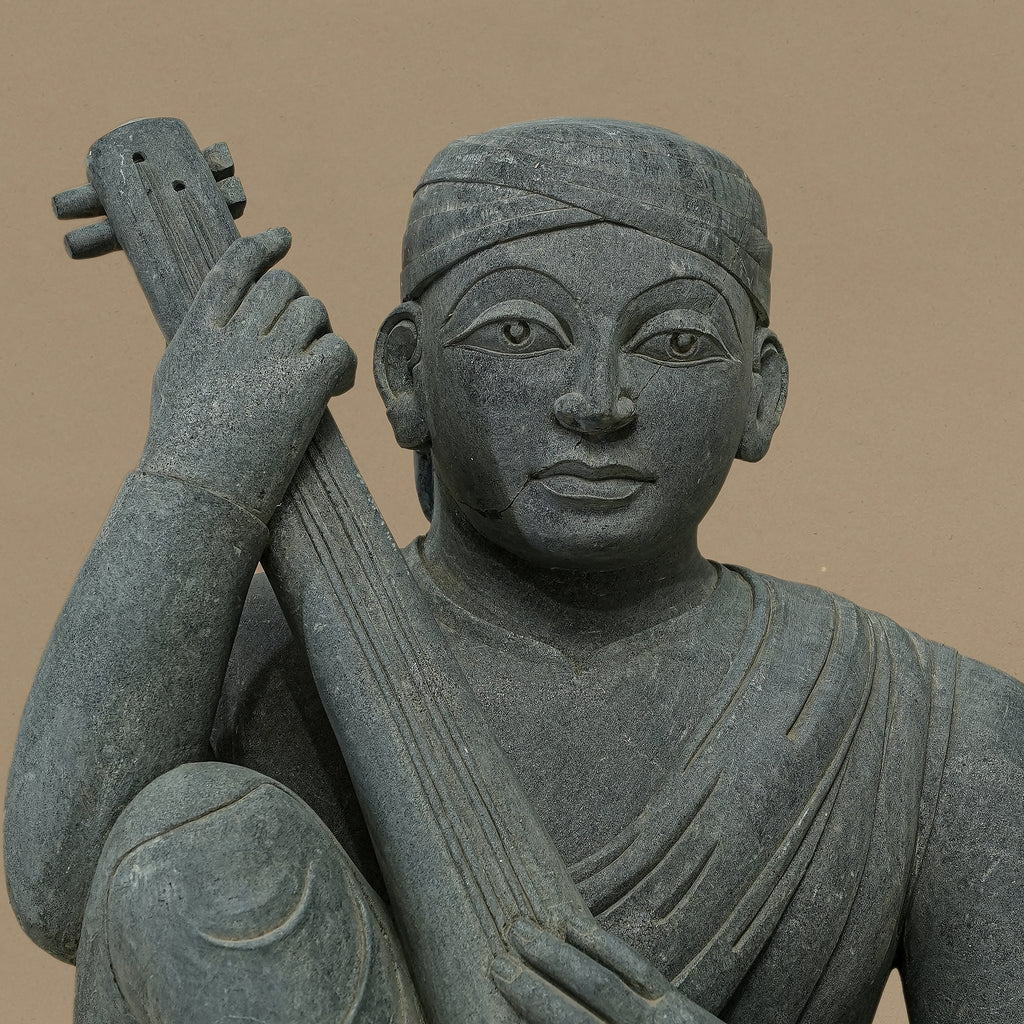 16" Tanpura-Playing Musician Statue | Handcrafted from Dungarpur Black Stone