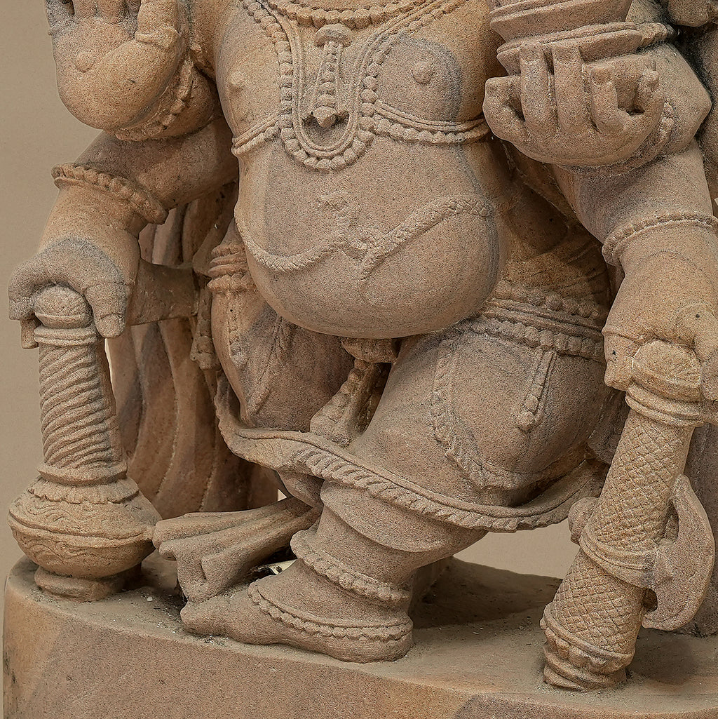 17.5" Six-Armed Male Deity Statue | Handcrafted from Pink Sandstone