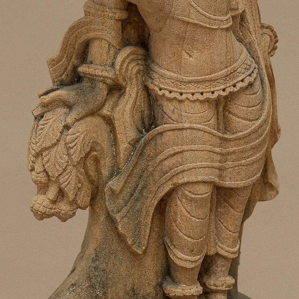 14.5" Female with Bird Statue | Handcrafted from Yellow Sandstone