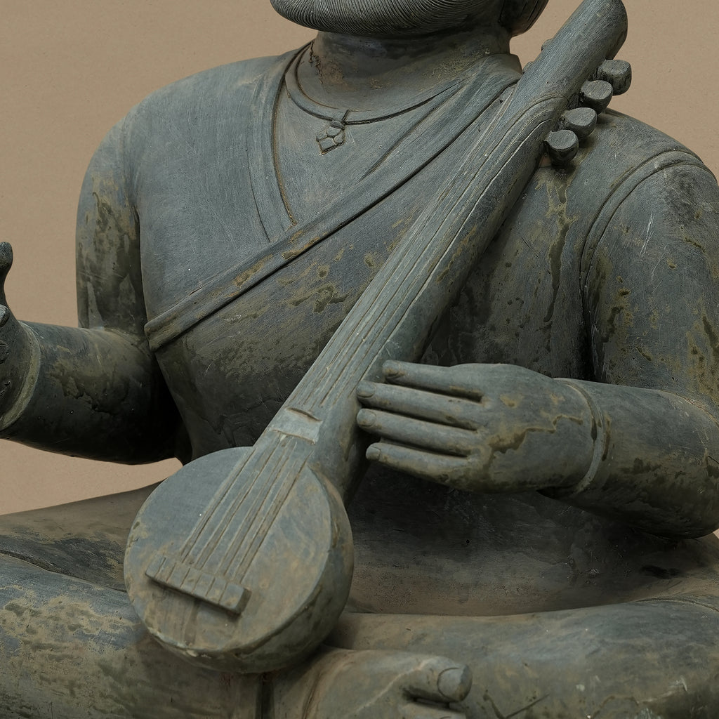 16" Tanpura-Playing Musician Statue | Handcrafted from Dungarpur Black Stone