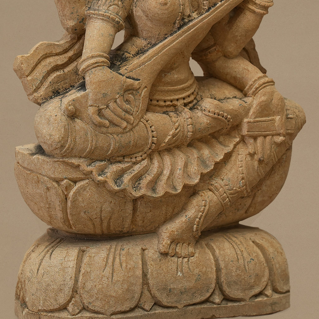 12" Maa Saraswati Statue | Handcrafted from Yellow Sandstone