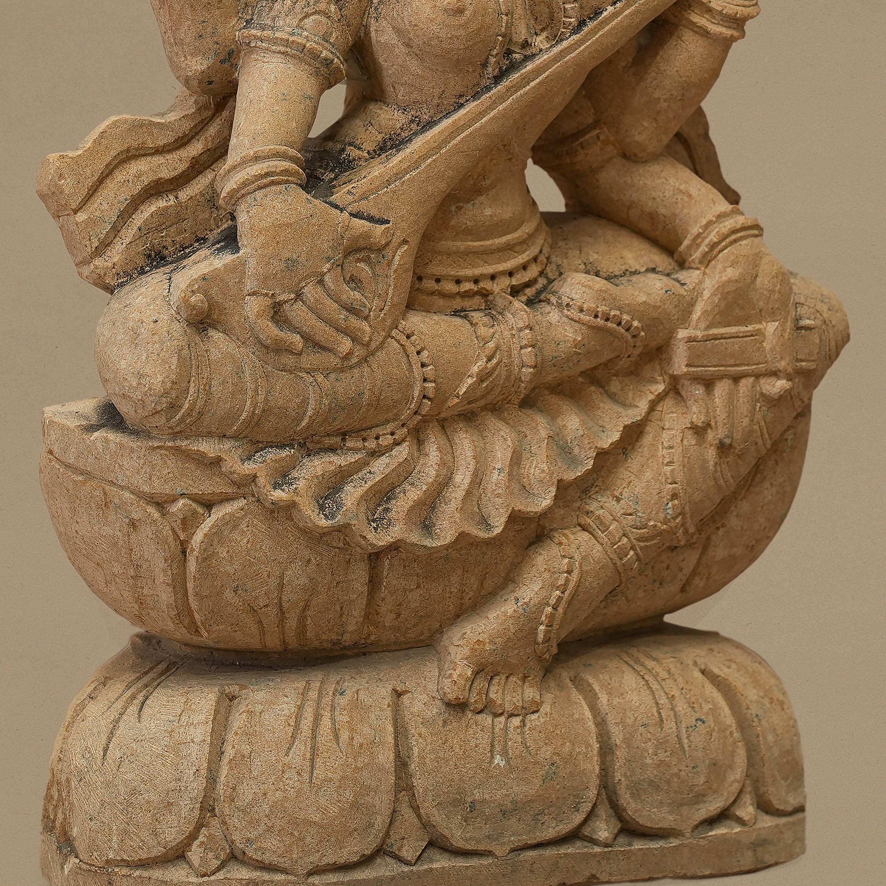 12" Maa Saraswati Statue | Handcrafted from Yellow Sandstone