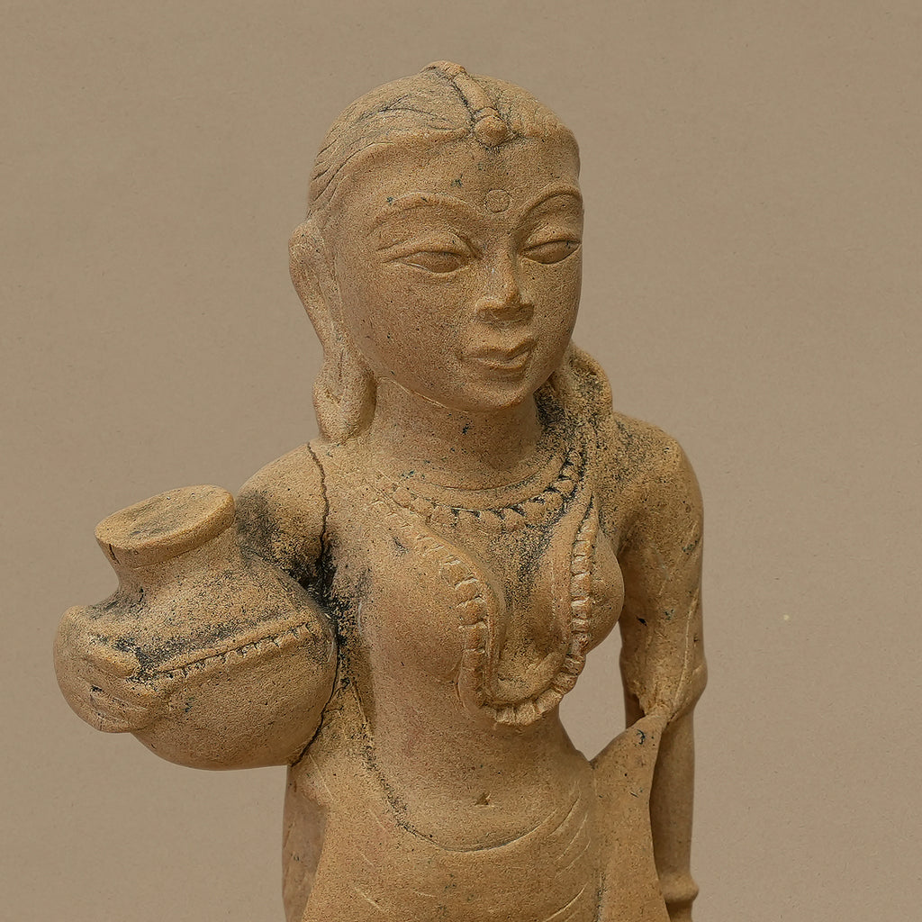 10.5" Pot-Holding Female Statue | Handcrafted from Yellow Sandstone