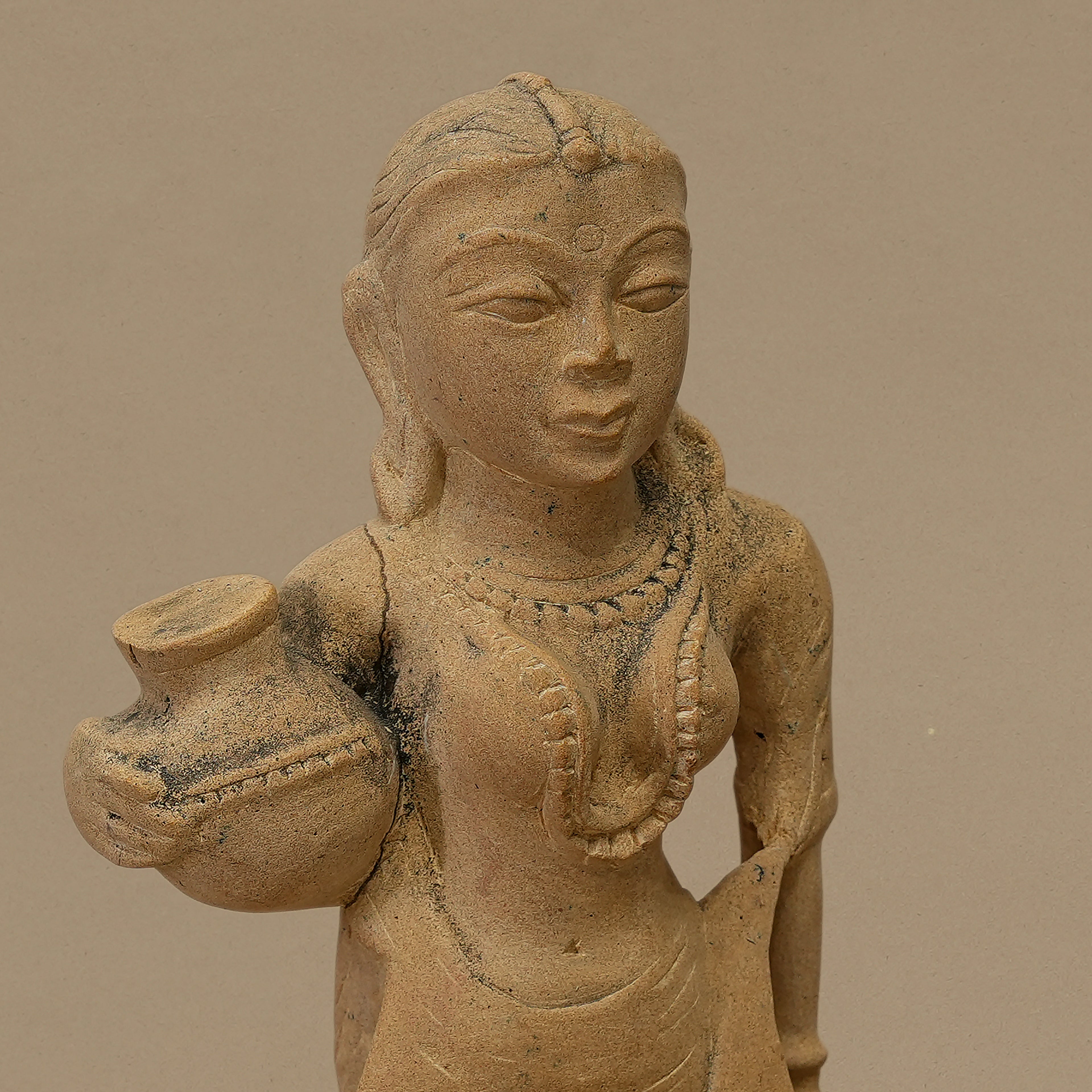 10.5" Pot-Holding Female Statue | Handcrafted from Yellow Sandstone