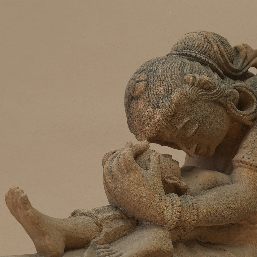 14" Mother-Child Statue | Handcrafted from Yellow Sandstone