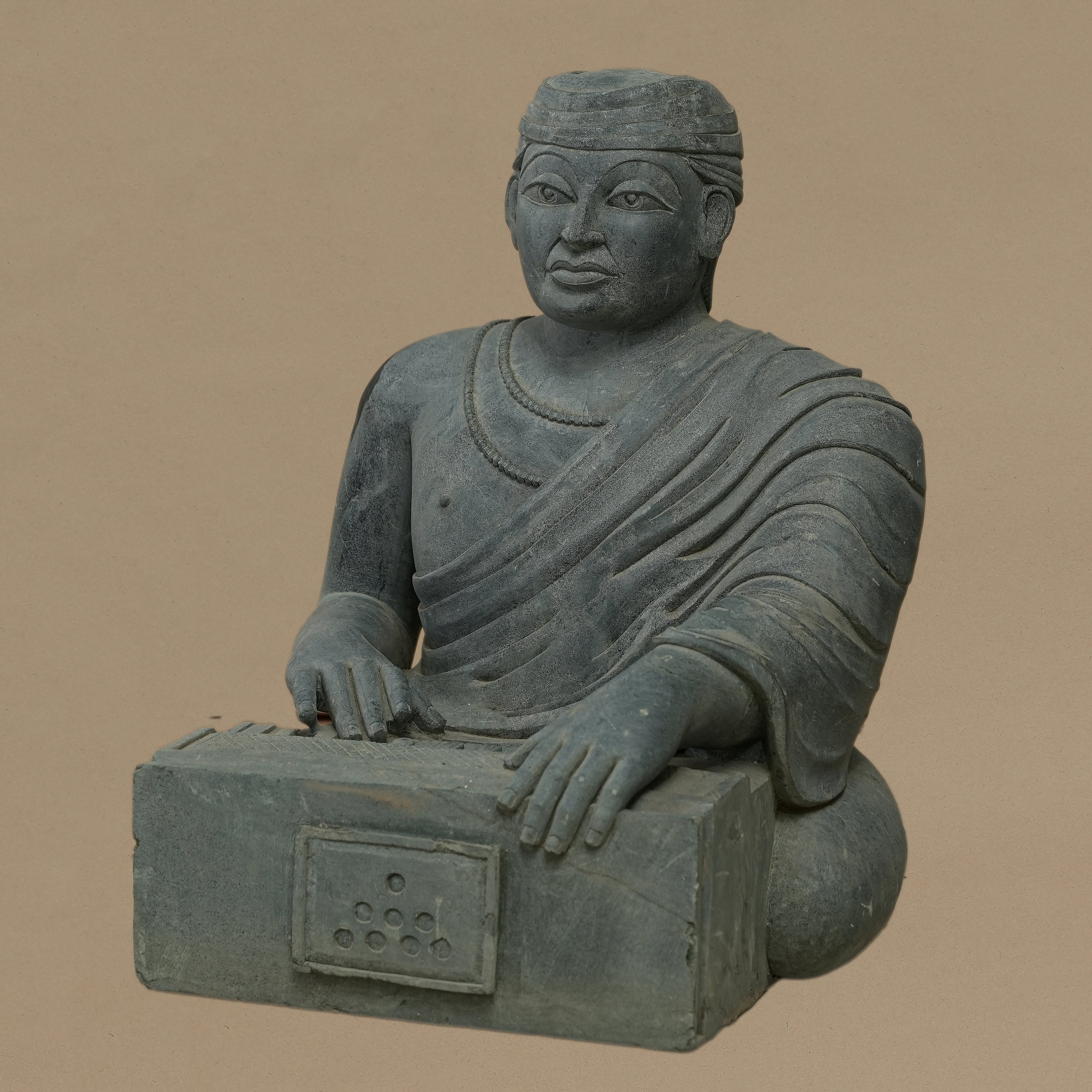 16" Harmonium-Playing Musician Statue | Handcrafted from Dungarpur Black Stone